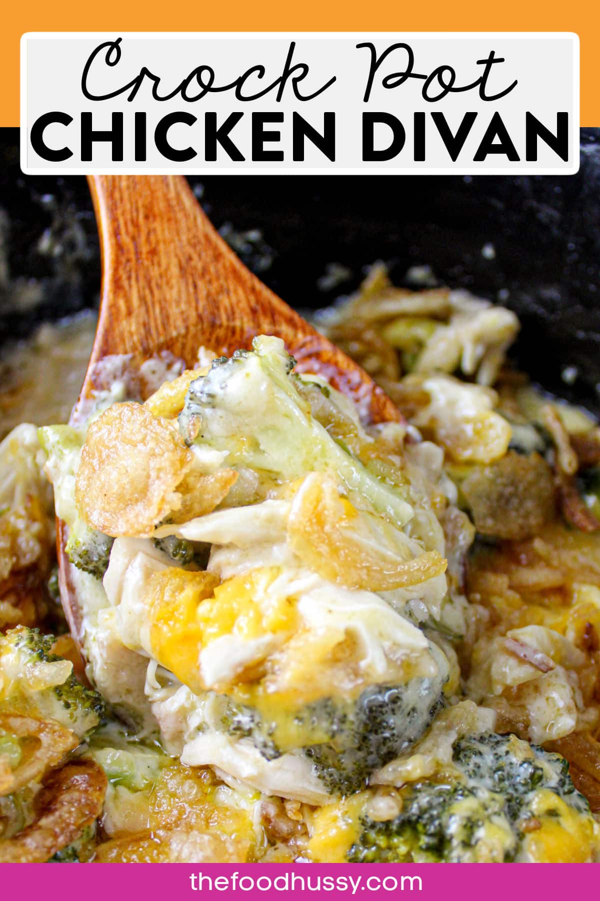 Chicken Divan in the Slow Cooker is a delicious comfort food casserole! Shredded chicken breast coated in a creamy gravy and topped with broccoli, cheese and a little crunch! This dish is the taste of home.  via @foodhussy