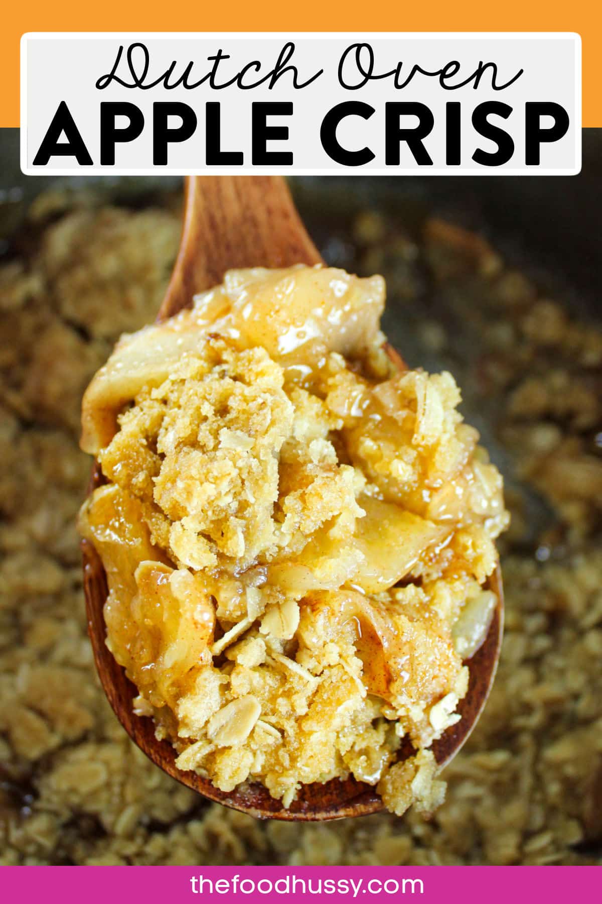 Dutch Oven Apple Crisp is comfort food at its best! Warm, cinnamon apples coated with crunchy sweet oat topping! Making this in the Dutch Oven just melts those apples into a puddle of yum! via @foodhussy