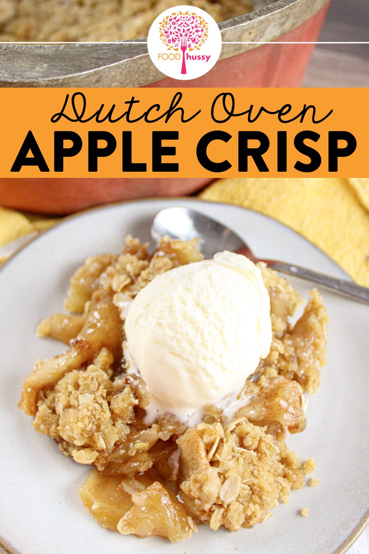 Dutch Oven Apple Crisp is comfort food at its best! Warm, cinnamon apples coated with crunchy sweet oat topping! Making this in the Dutch Oven just melts those apples into a puddle of yum! via @foodhussy