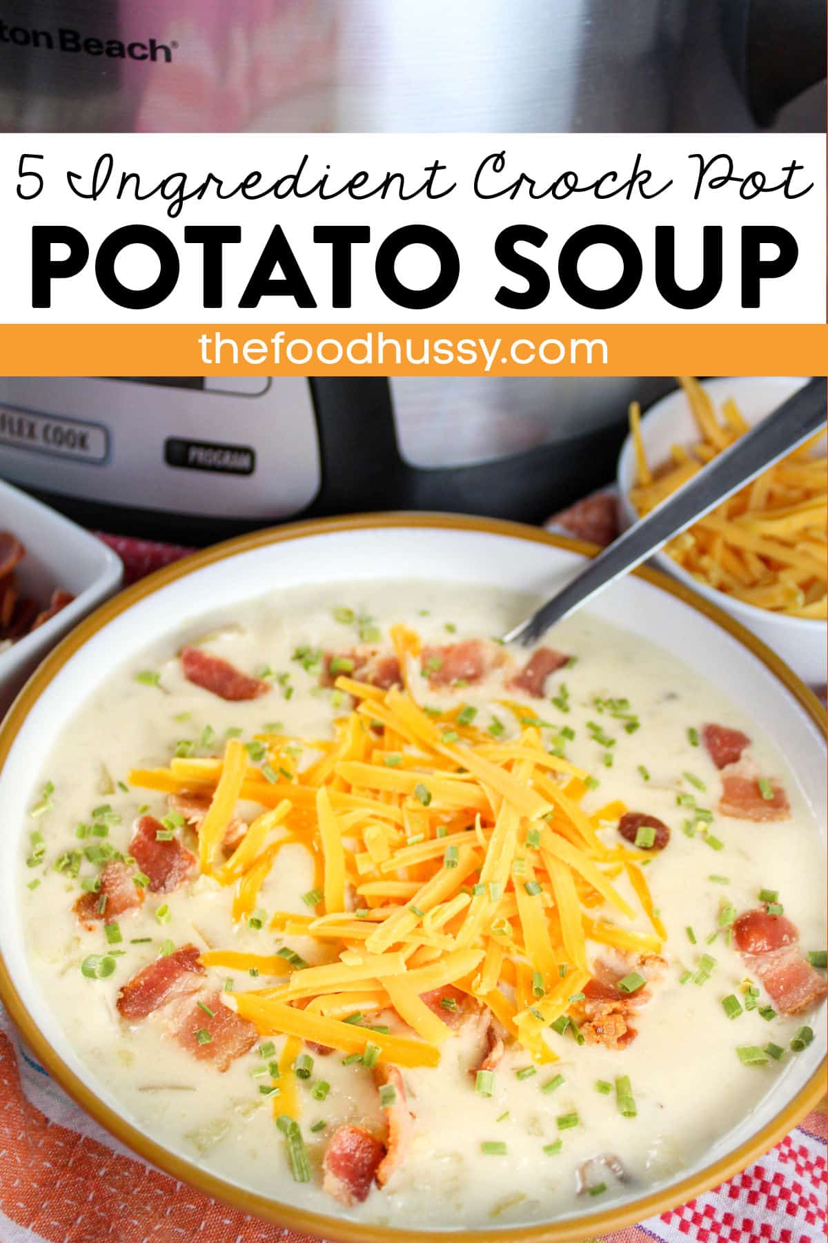 This 5 Ingredient Crock Pot Potato Soup is creamy, chunky and delicious! This is an easy potato soup recipe that tastes so good and the whole family will love - and it's all done in one pot! via @foodhussy