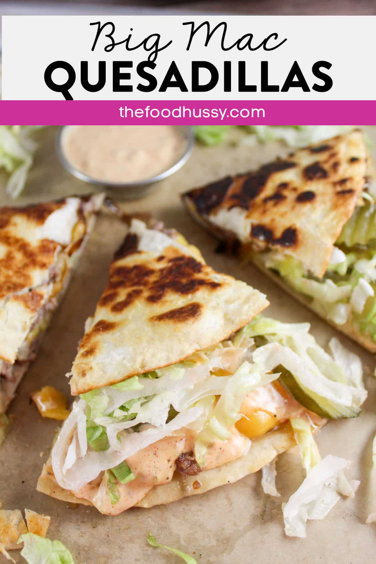 Big Mac Quesadillas is my new favorite quick dinner! It's a whole new take on the famous fast food burger and a quesadilla! Tortillas filled with a hamburger, cheese, pickles, lettuce and Big Mac sauce - so yum!  via @foodhussy