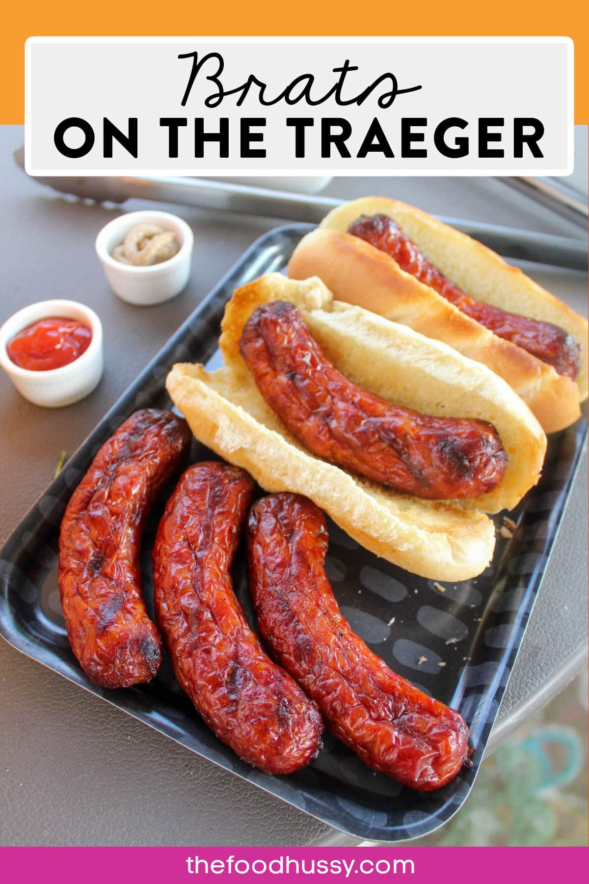 Making Brats on the Traeger is a delicious cookout lunch anytime! Cooking them a little more slowly than on the grill turns them a beautiful dark color and infuses your brats with a smoky amazing flavor! via @foodhussy