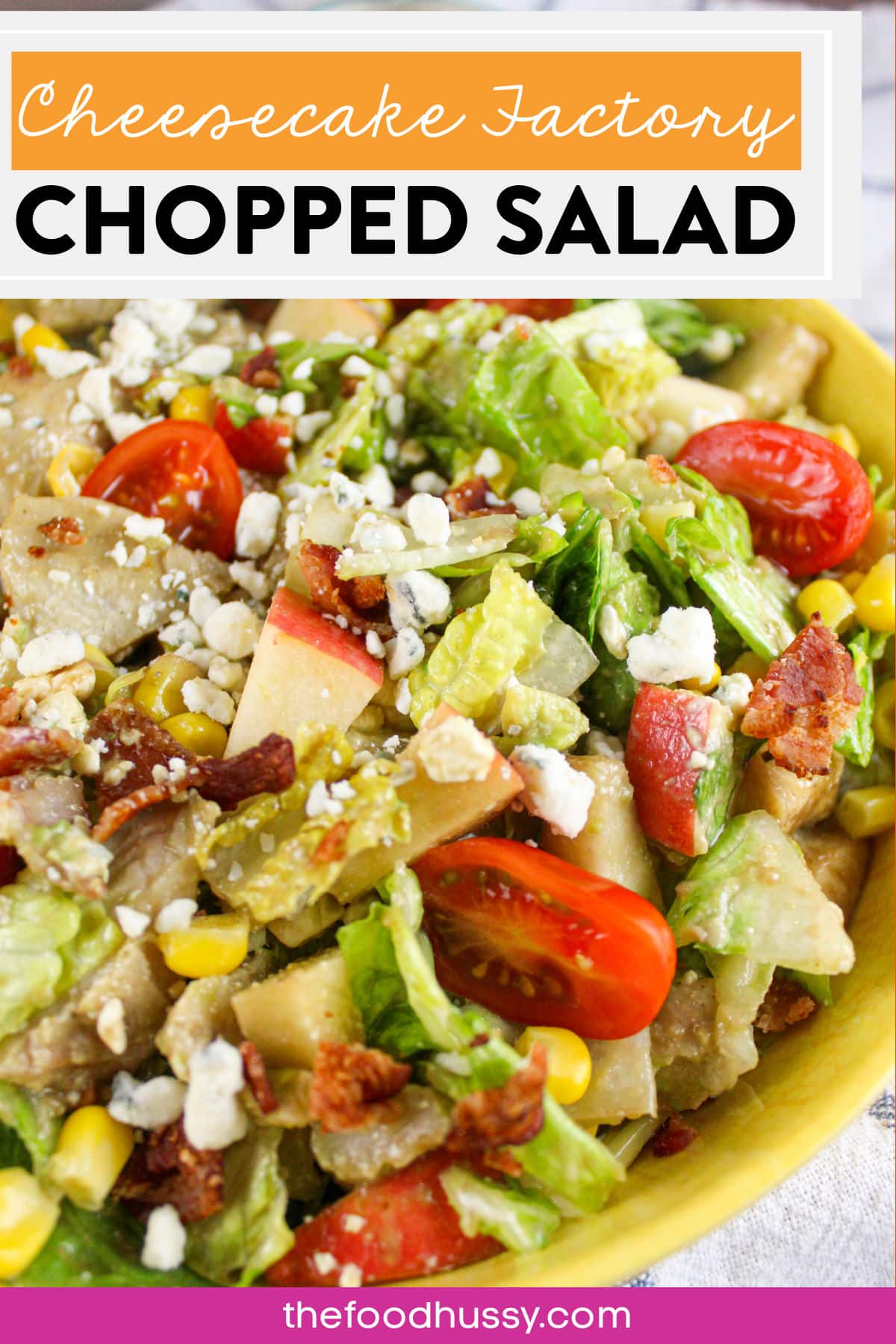 Cheesecake Factory Chopped Salad is a delicious blend of romaine, juicy grilled chicken, grape tomatoes, diced avocado, sweet corn, smoky bacon, chunks of blue cheese and diced apple all tossed in a light Balsamic Vinaigrette! This salad has something for everyone - with a little crunch, a little sweet, a little meat - it's my favorite! via @foodhussy