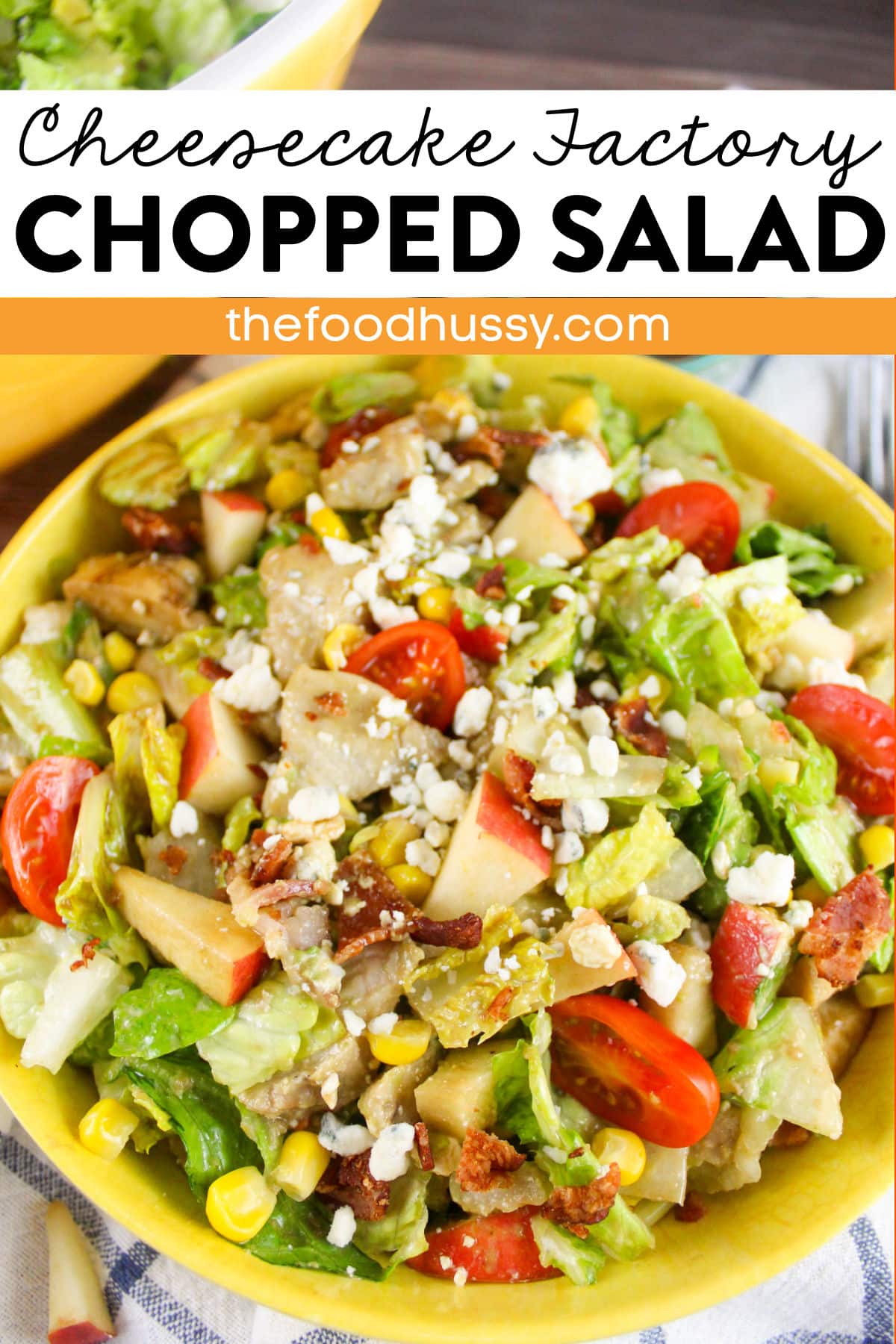 Cheesecake Factory Chopped Salad is a delicious blend of romaine, juicy grilled chicken, grape tomatoes, diced avocado, sweet corn, smoky bacon, chunks of blue cheese and diced apple all tossed in a light Balsamic Vinaigrette! This salad has something for everyone - with a little crunch, a little sweet, a little meat - it's my favorite! via @foodhussy
