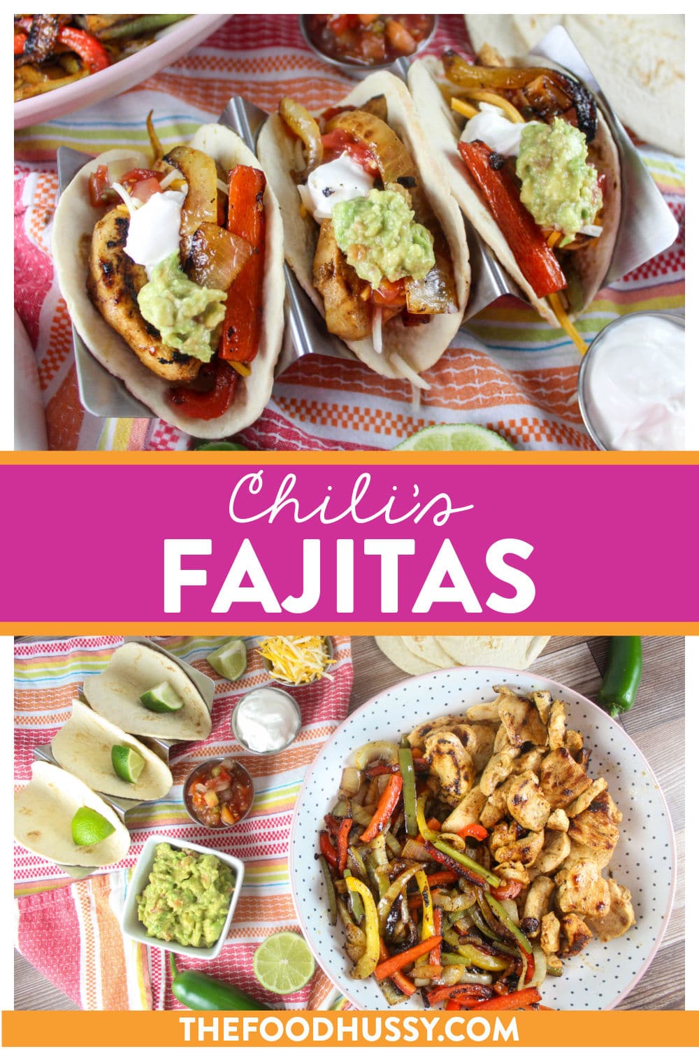 Chili's Fajitas Recipe has a citrus kick that makes it stand out from the rest! Plus you get tons of toppings! Marinated grilled chicken, peppers and onions perfectly cooked and topped with pico, sour cream, cheese and more! via @foodhussy