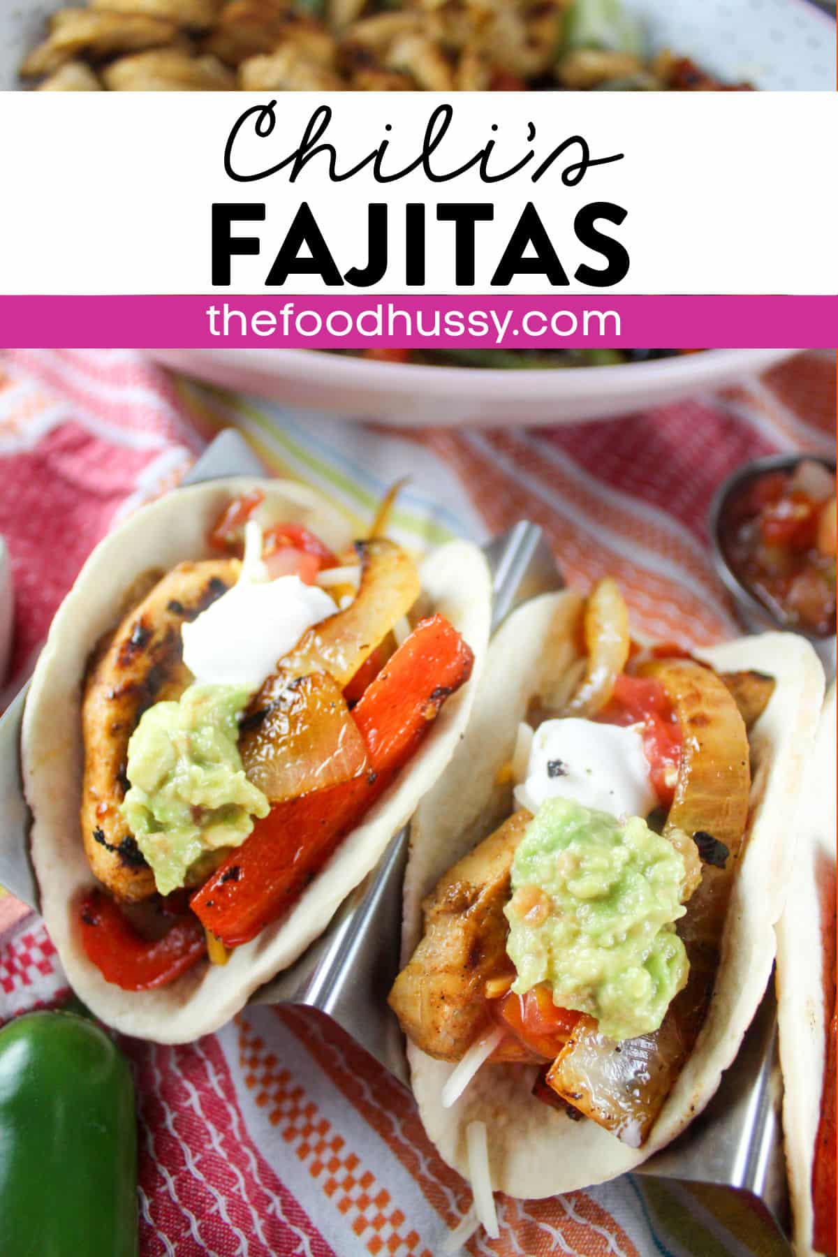 Chili's Fajitas Recipe has a citrus kick that makes it stand out from the rest! Plus you get tons of toppings! Marinated grilled chicken, peppers and onions perfectly cooked and topped with pico, sour cream, cheese and more! via @foodhussy