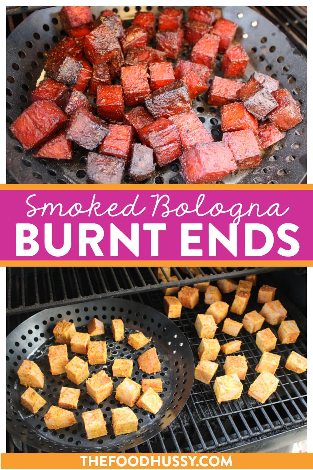 Traeger Smoked Bologna Burnt Ends are a fun and easy appetizer for any BBQ or summer party! Toss them in mustard and seasoning and then pop them on the smoker. Great to make when you want to smoke multiple things at the same time! Take these off early and snack away! via @foodhussy