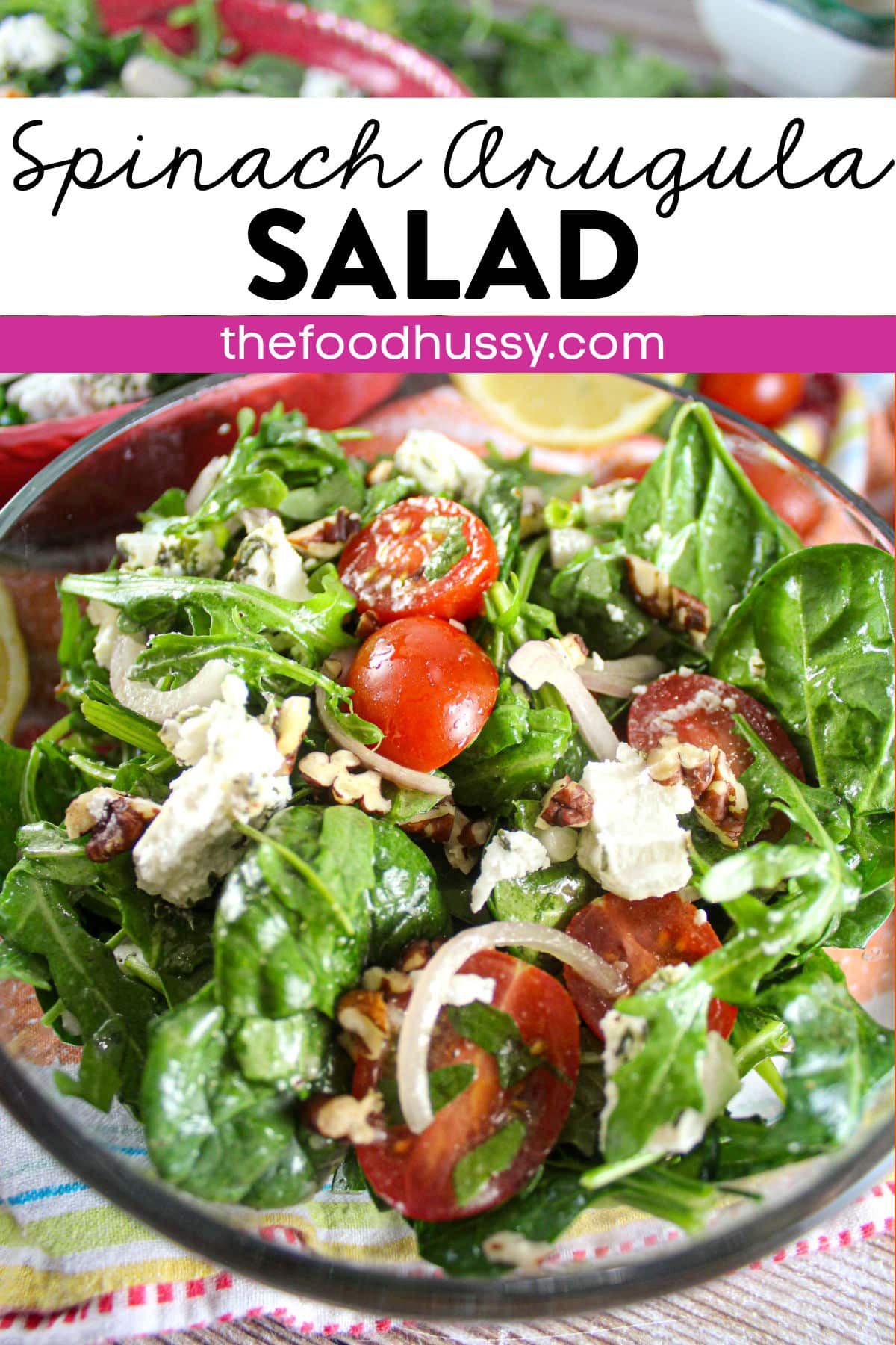 This Spinach Arugula Salad is light, creamy and crunchy with a delicious honey dijon vinaigrette. The spinach and arugula are topped with shallots, cherry tomatoes, creamy goat cheese and pecans!  via @foodhussy
