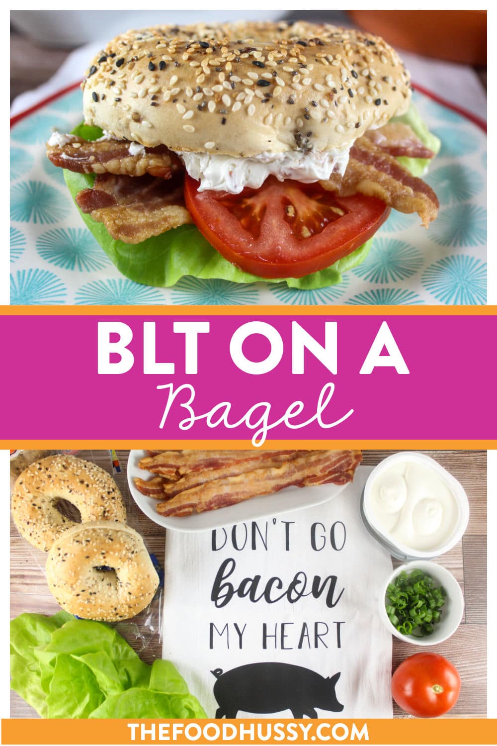 Enjoying a BLT on a Bagel is now one of my favorite sandwiches! An Everything Bagel loaded with meaty smoky bacon, crispy lettuce and tomato - PLUS a delicious bacon scallion cream cheese to bring it all together to be the ULTIMATE BLT SANDWICH! via @foodhussy