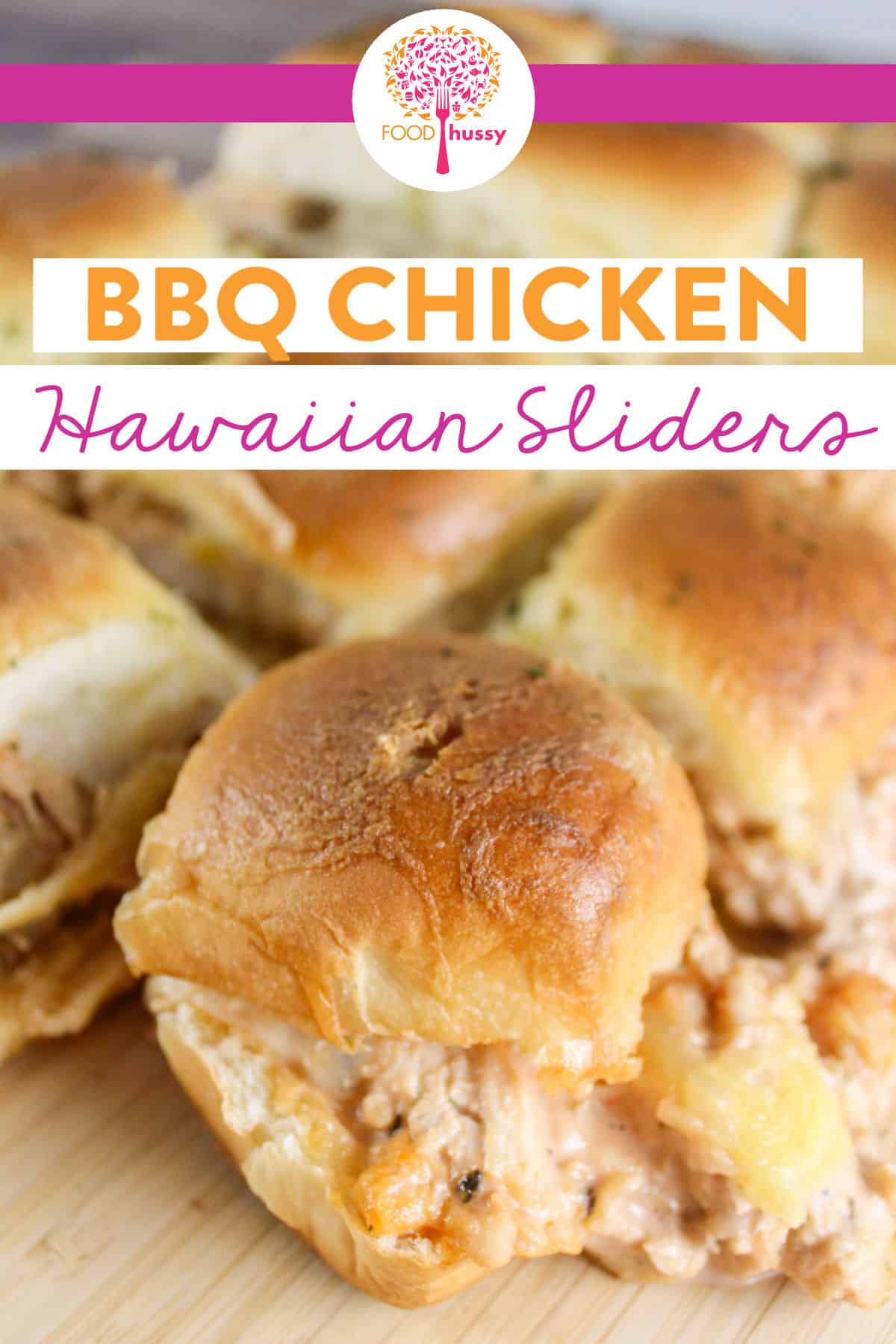 Hawaiian Roll Chicken Sliders are one of our favorite family meals! It's fun to grab a slider (or two or three) and fight over the cheese pull! These Hawaiian BBQ Chicken Sliders are sweet, tangy and cheesy! via @foodhussy