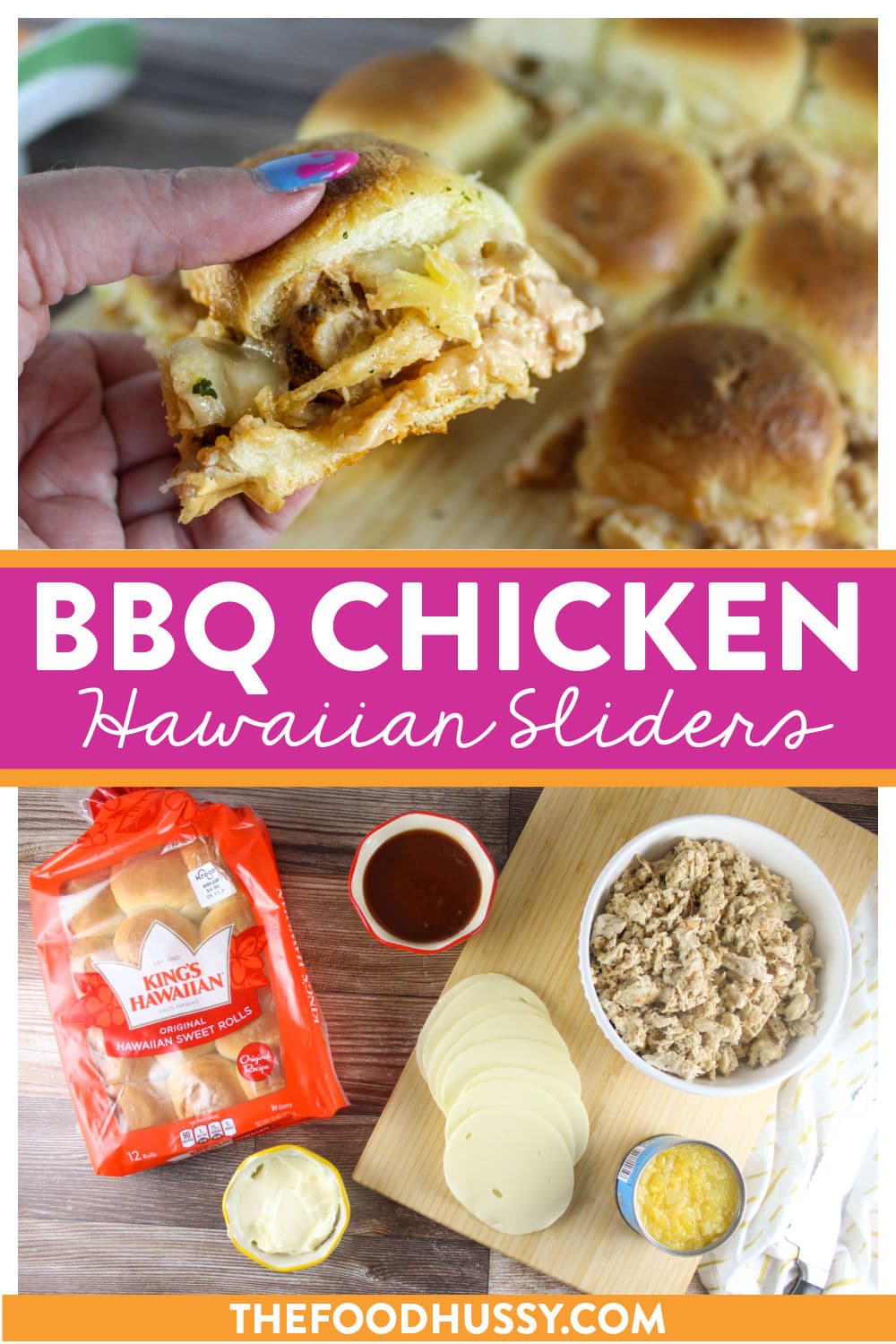 Hawaiian Roll Chicken Sliders are one of our favorite family meals! It's fun to grab a slider (or two or three) and fight over the cheese pull! These Hawaiian BBQ Chicken Sliders are sweet, tangy and cheesy! via @foodhussy