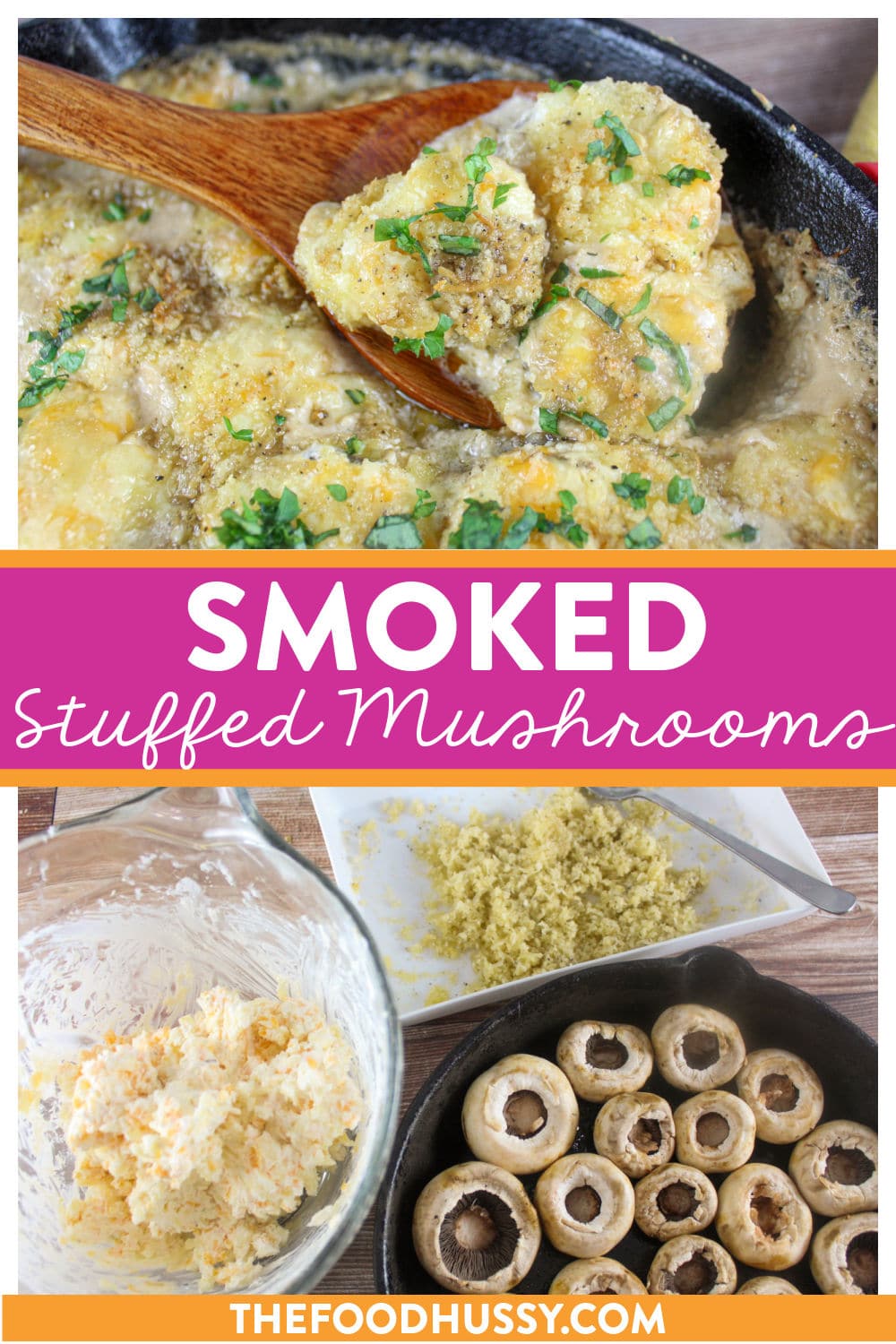 Smoked Stuffed Mushrooms are cheesy and slightly smoky and ready in less than an hour! Three kinds of cheese and a crunchy topping make them your new favorite smoked appetizer! via @foodhussy