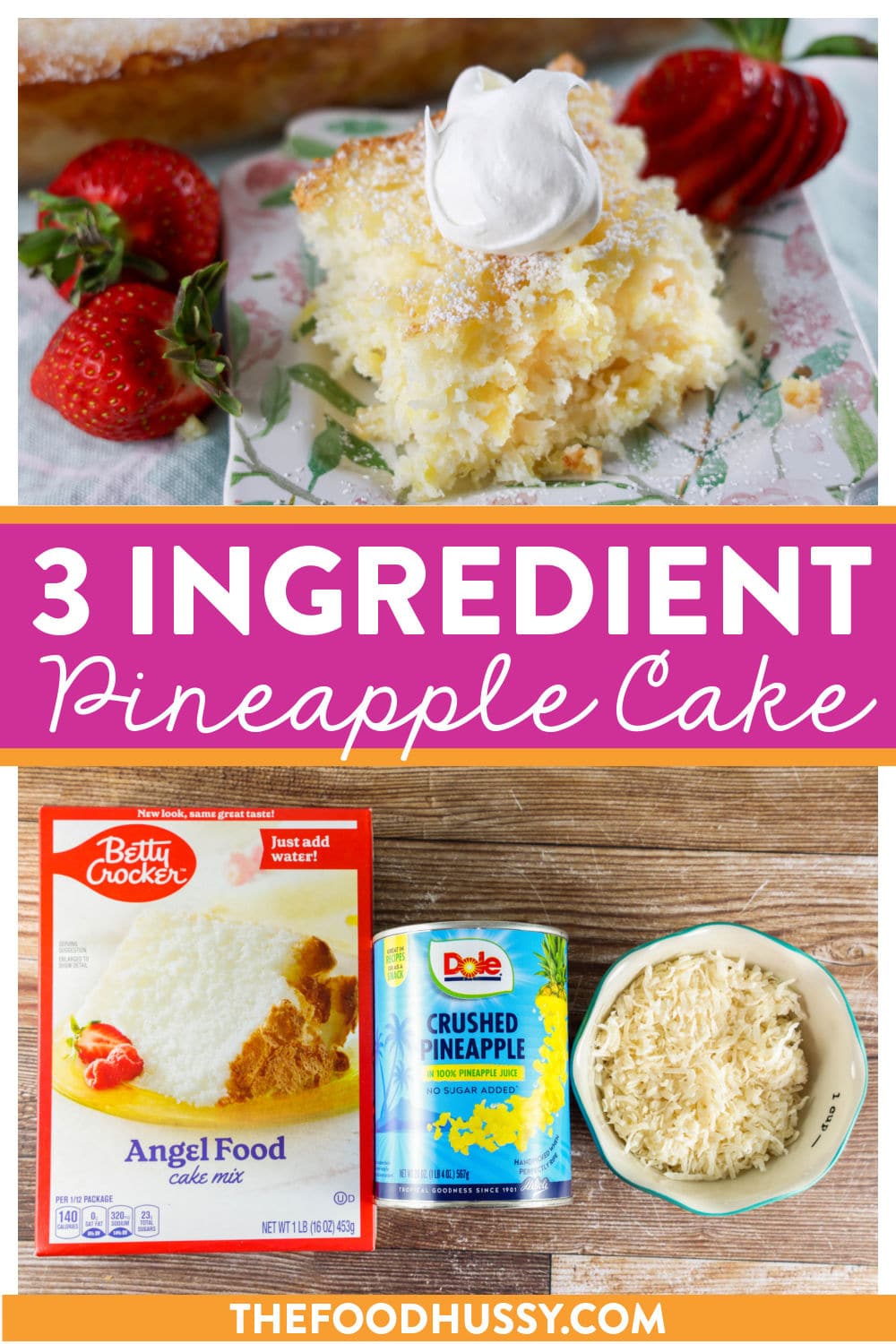 This 3 Ingredient Pineapple Cake is the perfect summer dessert! It's light and fluffy and perfect with just a sprinkle of powdered sugar. It's crazy how just three ingredients make a cake that is so delicious! via @foodhussy