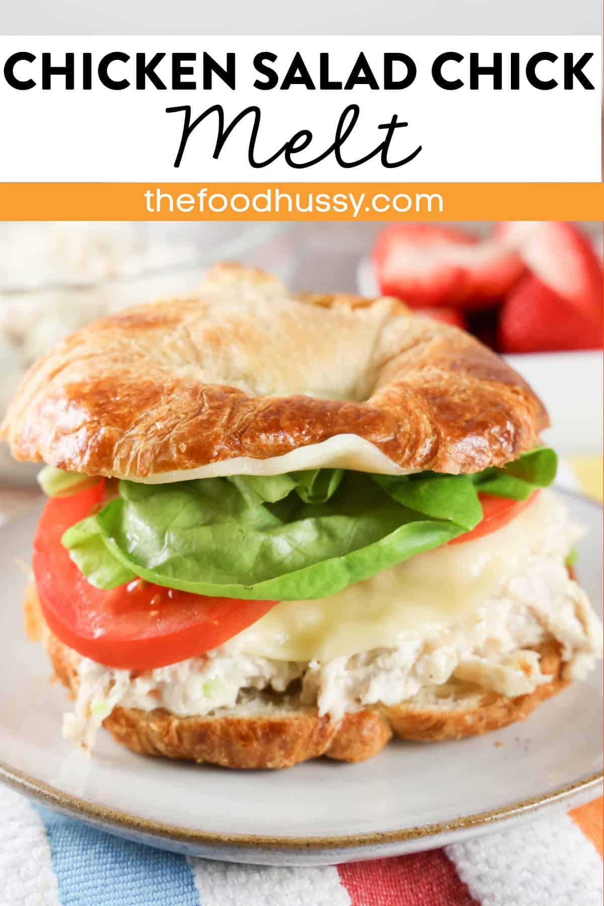 I love a melt sandwich and this Chicken Salad Melt Sandwich is one I make weekly! I have the perfect Chicken Salad recipe and it's great with melted provolone cheese and a light, airy, buttery croissant! via @foodhussy