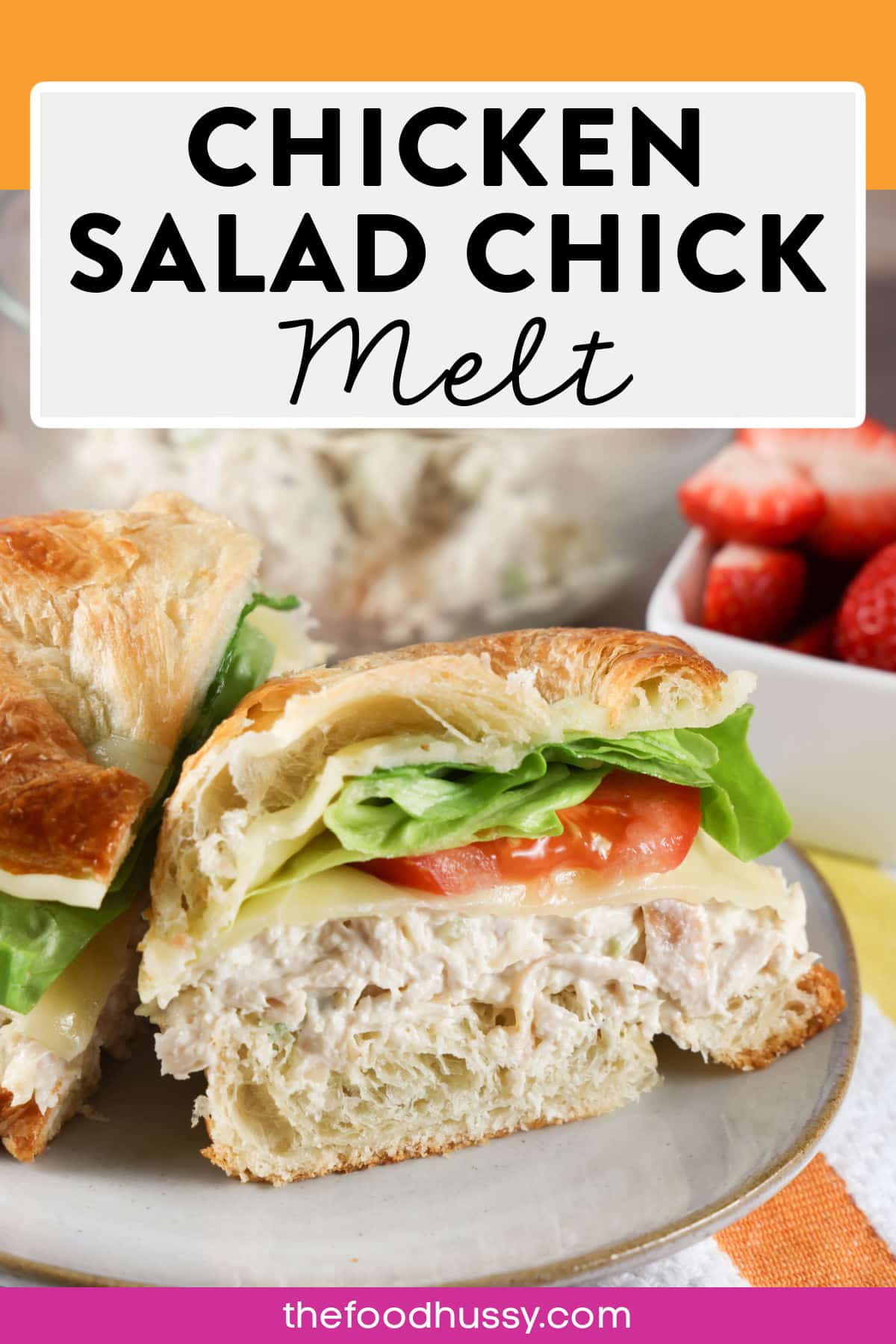 I love a melt sandwich and this Chicken Salad Melt Sandwich is one I make weekly! I have the perfect Chicken Salad recipe and it's great with melted provolone cheese and a light, airy, buttery croissant! via @foodhussy