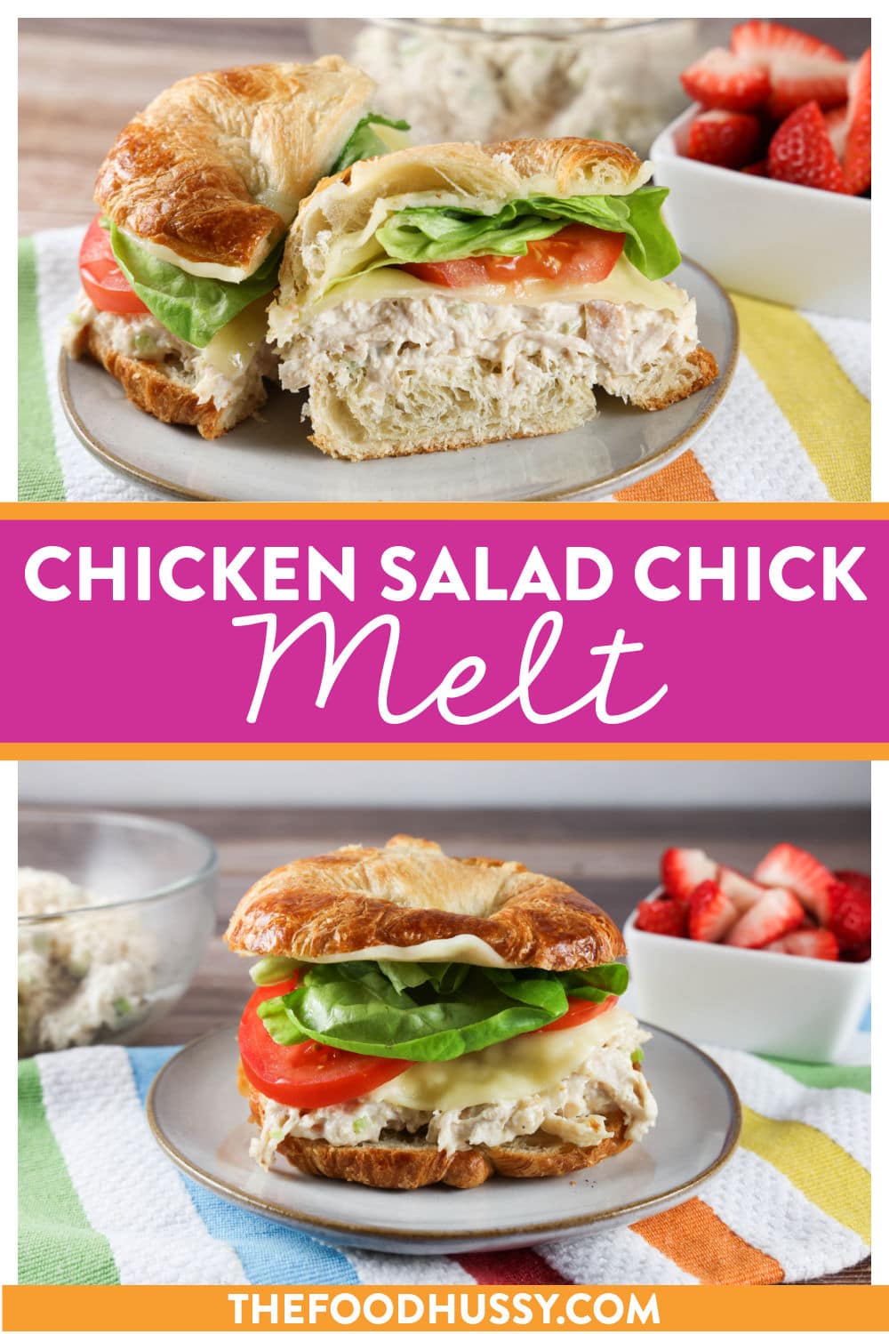 I love a melt sandwich and this Chicken Salad Melt Sandwich is one I make weekly! I have the perfect Chicken Salad recipe and it's great with melted provolone cheese and a light, airy, buttery croissant! via @foodhussy