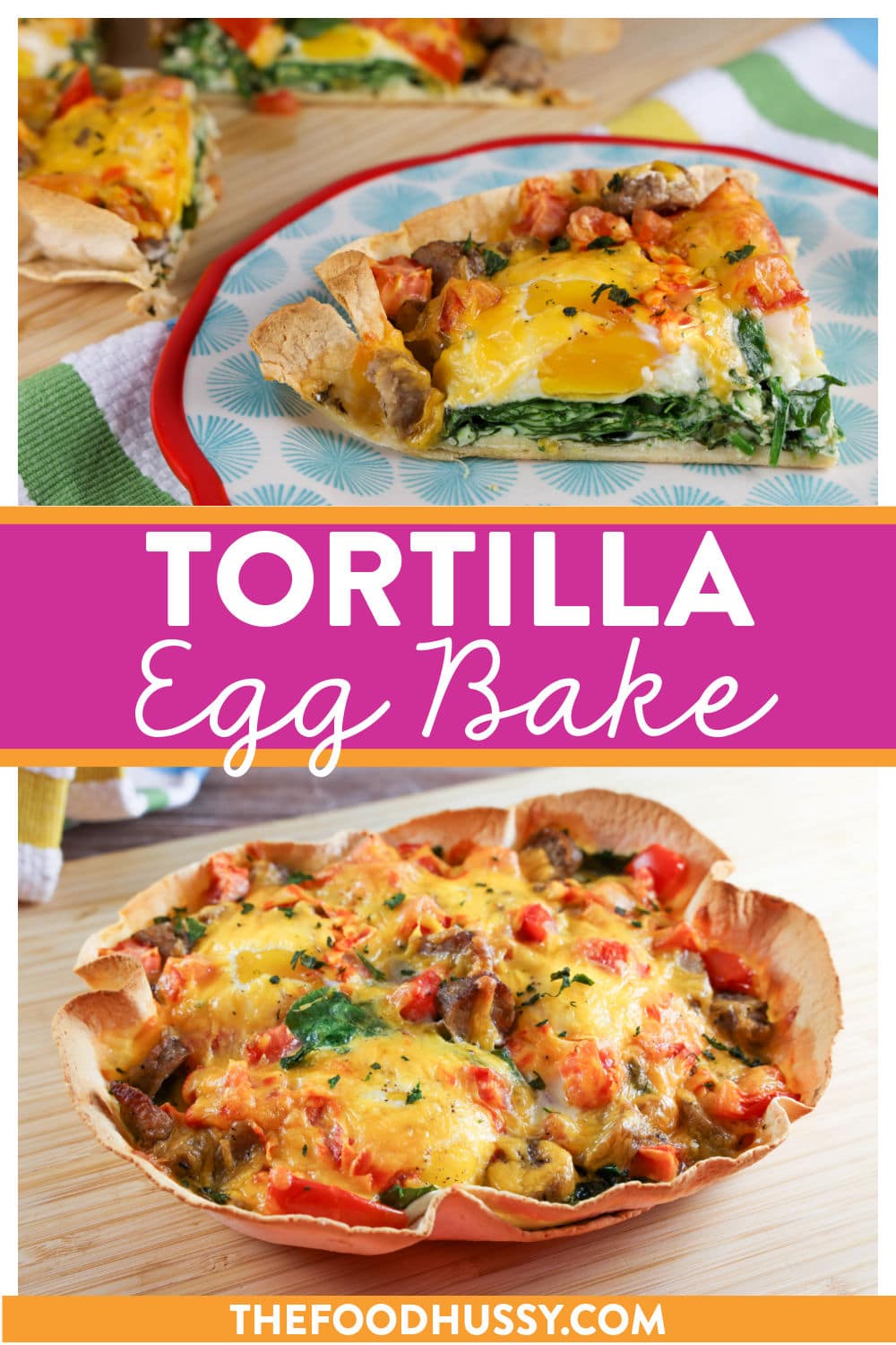 This Tortilla Egg Bake is my FAVORITE breakfast! It's super simple and loaded with eggs, sausage, tomatoes, cheese & spinach. BONUS: it's less than 200 calories a slice!!! via @foodhussy
