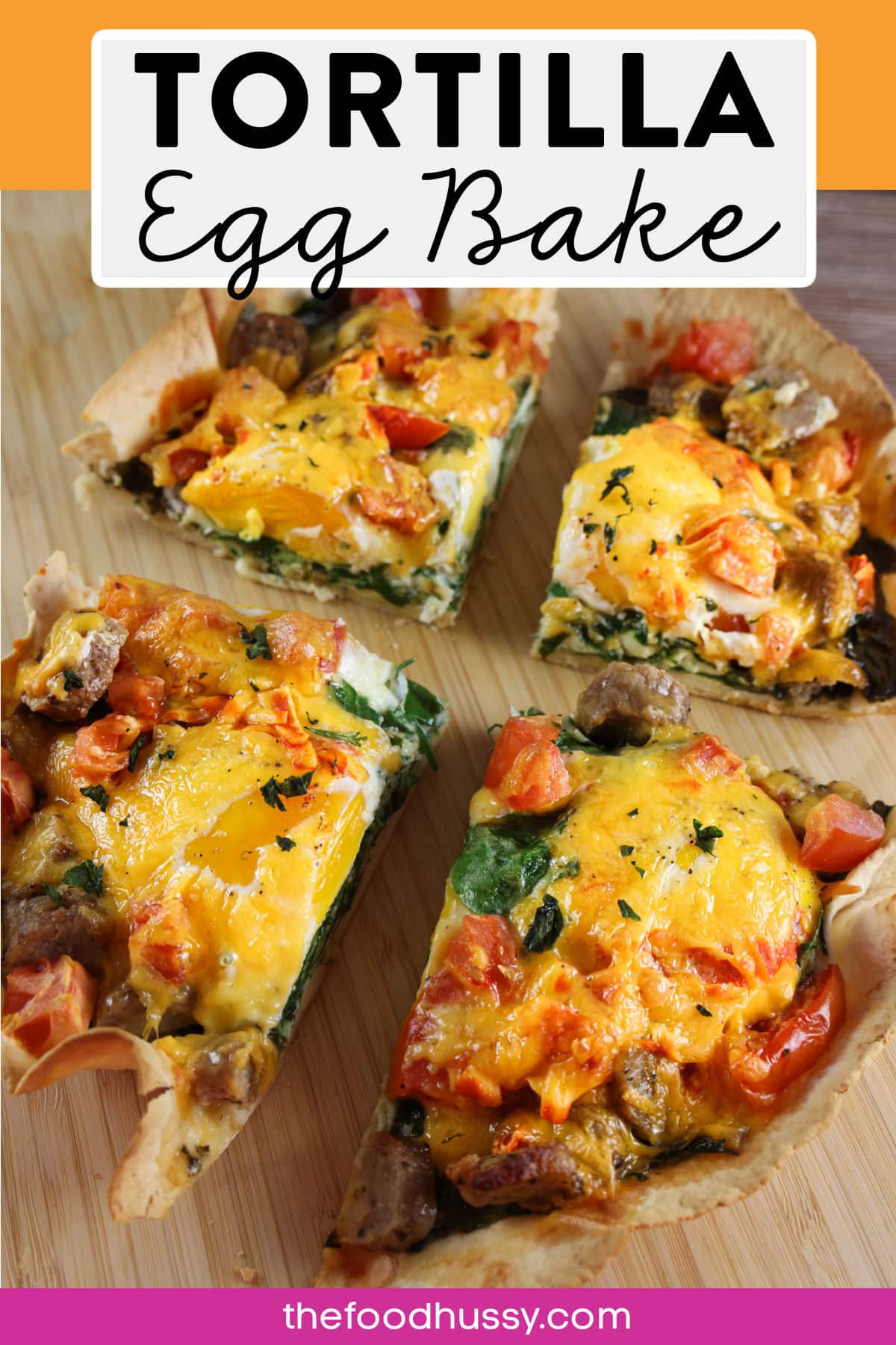 This Tortilla Egg Bake is my FAVORITE breakfast! It's super simple and loaded with eggs, sausage, tomatoes, cheese & spinach. BONUS: it's less than 200 calories a slice!!! via @foodhussy