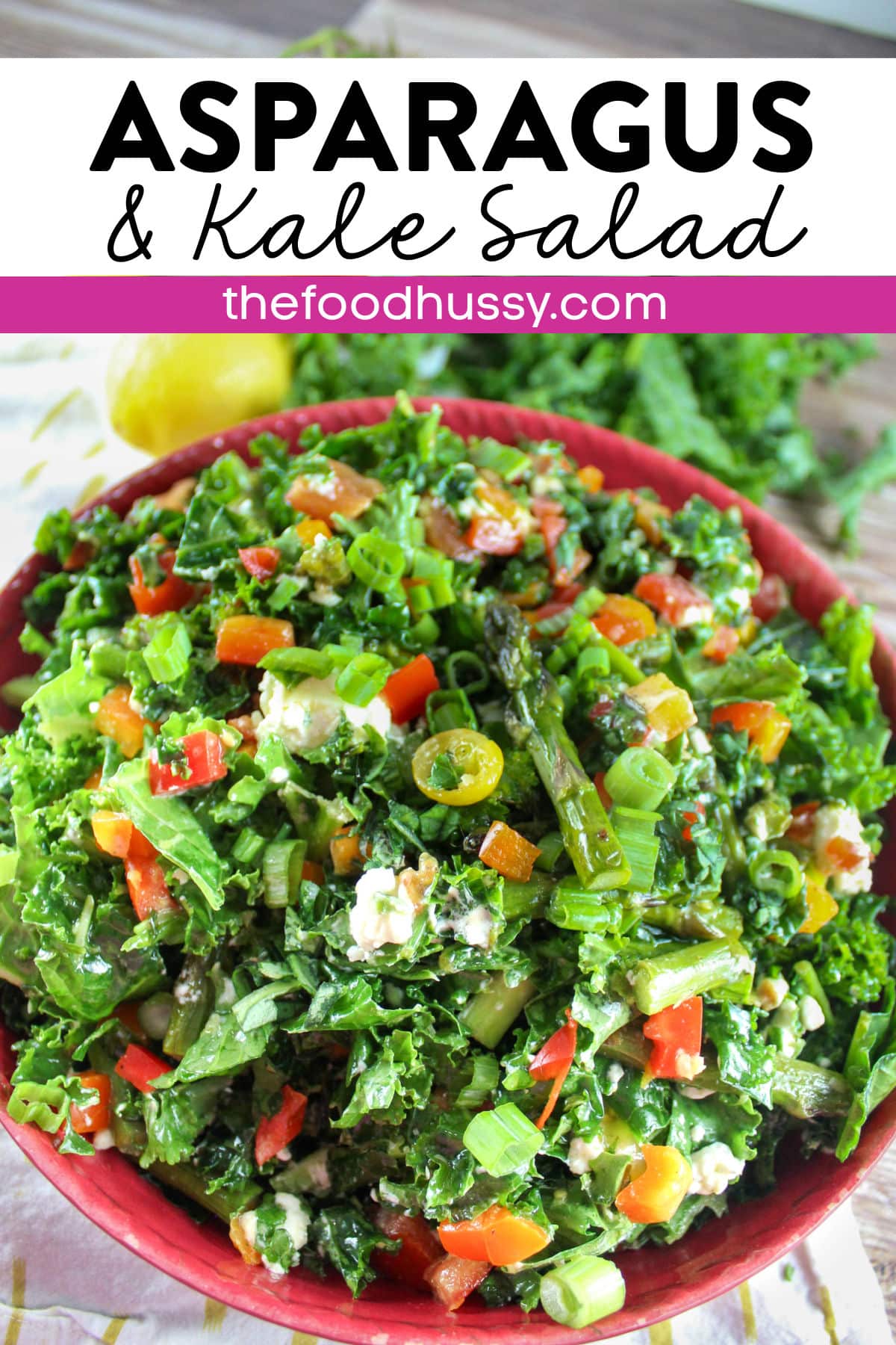 Asparagus and Kale Salad is a great spring salad full of veggies and creamy goat cheese then tossed in a Lemon Dijon Dressing. This fresh salad is great for lunch, dinner or a Sunday brunch! via @foodhussy