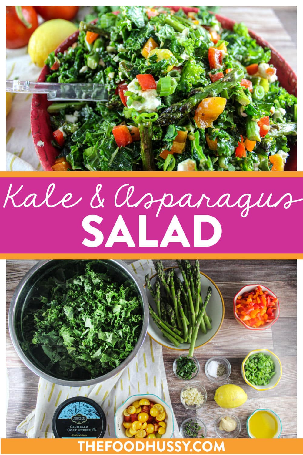 Asparagus and Kale Salad is a great spring salad full of veggies and creamy goat cheese then tossed in a Lemon Dijon Dressing. This fresh salad is great for lunch, dinner or a Sunday brunch! via @foodhussy