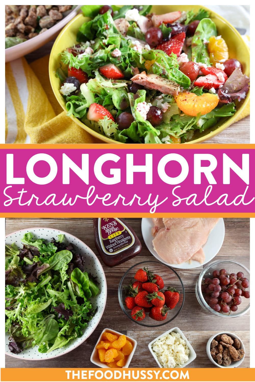 Longhorn Steakhouse Grilled Chicken & Strawberry Salad is a delicious summer salad that you can make at home any time of year! Loaded with grilled chicken, fresh strawberries, red grapes, mandarin oranges, feta cheese and more!  via @foodhussy