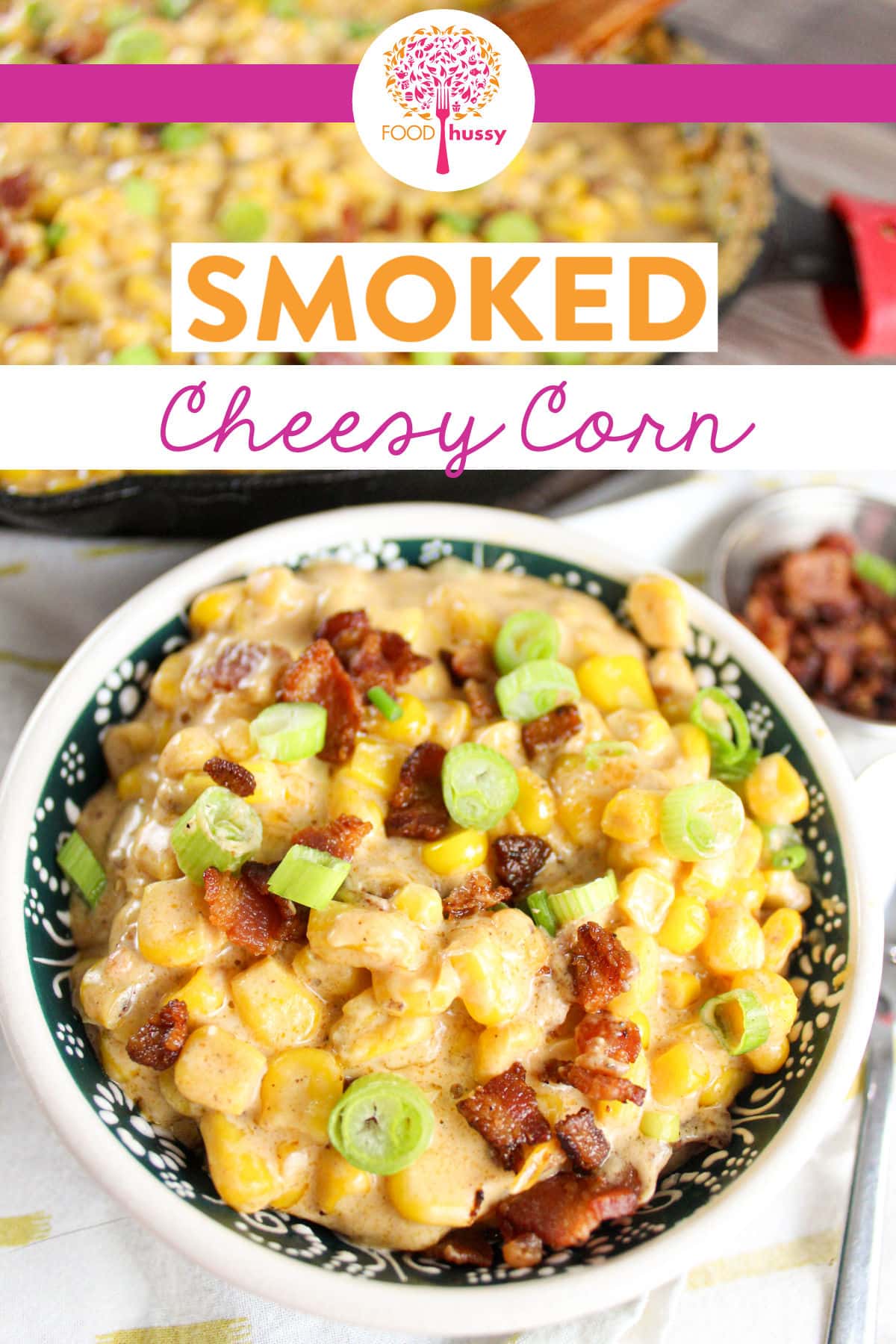 This Smoked Cheesy Corn is an easy dish loaded with cheese, bacon and corn. It's a perfect side for ribs, brisket or pulled pork! Plus the Traeger adds that smoky goodness to this creamy cheese sauce! via @foodhussy