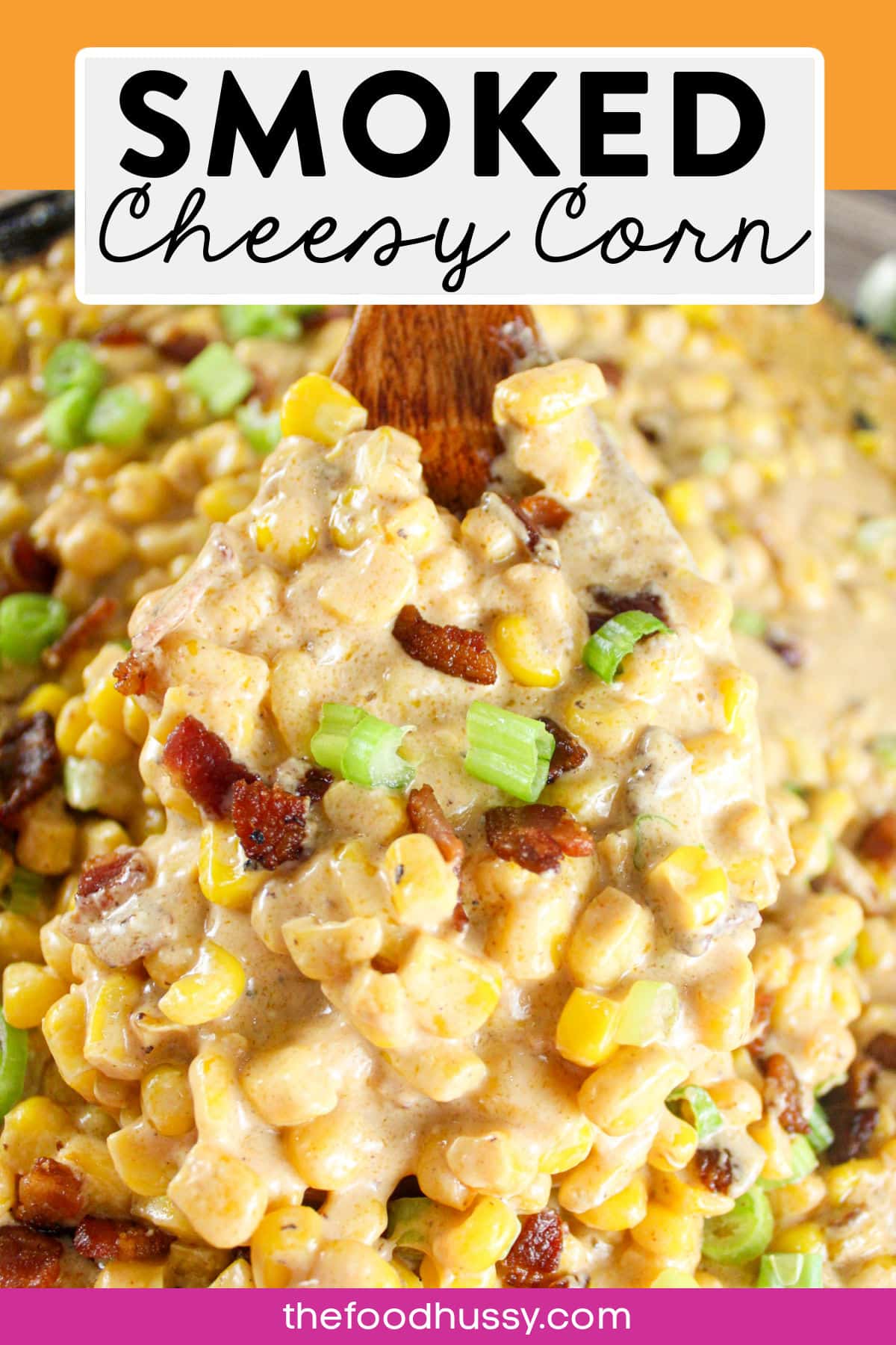 This Smoked Cheesy Corn is an easy dish loaded with cheese, bacon and corn. It's a perfect side for ribs, brisket or pulled pork! Plus the Traeger adds that smoky goodness to this creamy cheese sauce! via @foodhussy