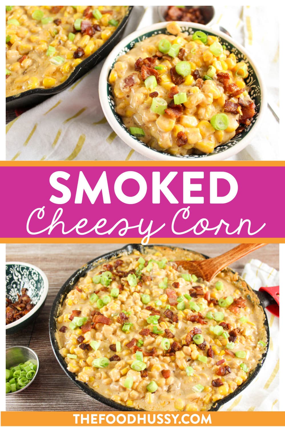 This Smoked Cheesy Corn is an easy dish loaded with cheese, bacon and corn. It's a perfect side for ribs, brisket or pulled pork! Plus the Traeger adds that smoky goodness to this creamy cheese sauce! via @foodhussy