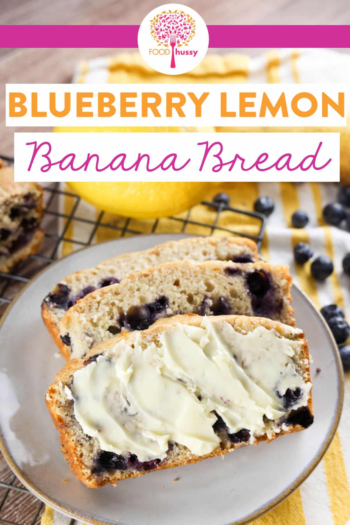 This Lemon Blueberry Banana Bread recipe is delicious! Light and fluffy and loaded with blueberries and a touch of lemon throughout. Your whole house will smell delicious!  via @foodhussy