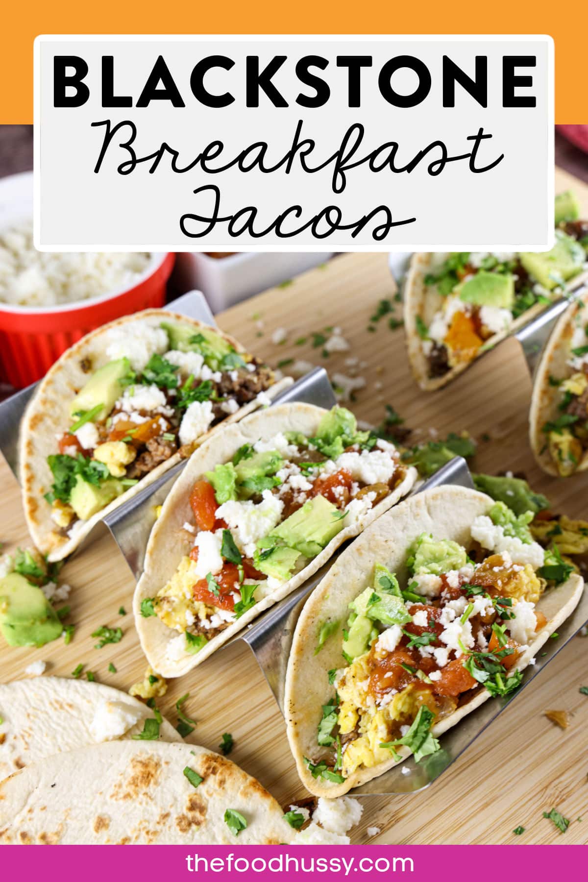 Blackstone Breakfast Tacos are a great breakfast for a crowd! These delicious breakfast tacos are filled with scrambled eggs, sausage, veggies and more! Add your toppings like cheese and avocado and everyone will be coming back for more! via @foodhussy