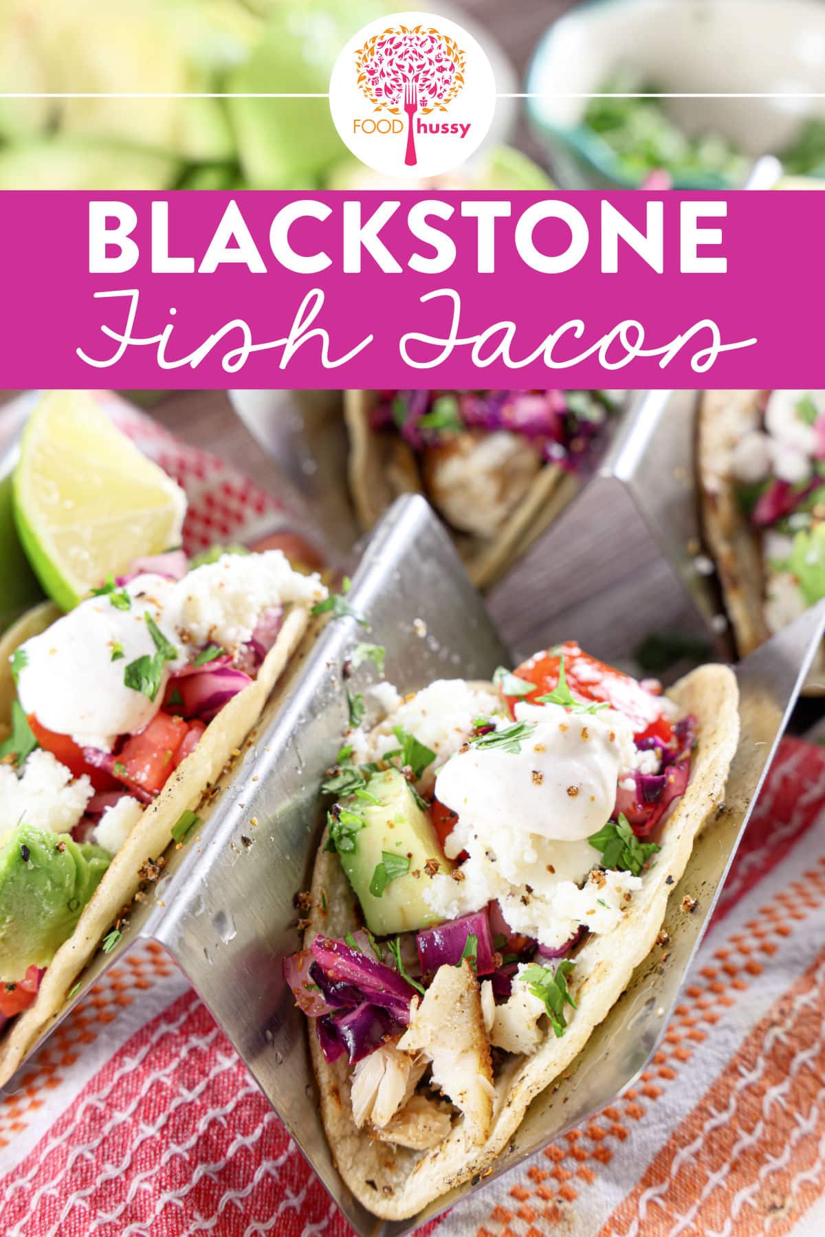 Blackstone Fish Tacos are your new favorite group dinner! You can easily make the fish and tortillas in less than 10 minutes! Then come inside and add all the toppings! I've got a homemade cabbage slaw and a creamy sauce for you - if you're feeling fancy!  via @foodhussy