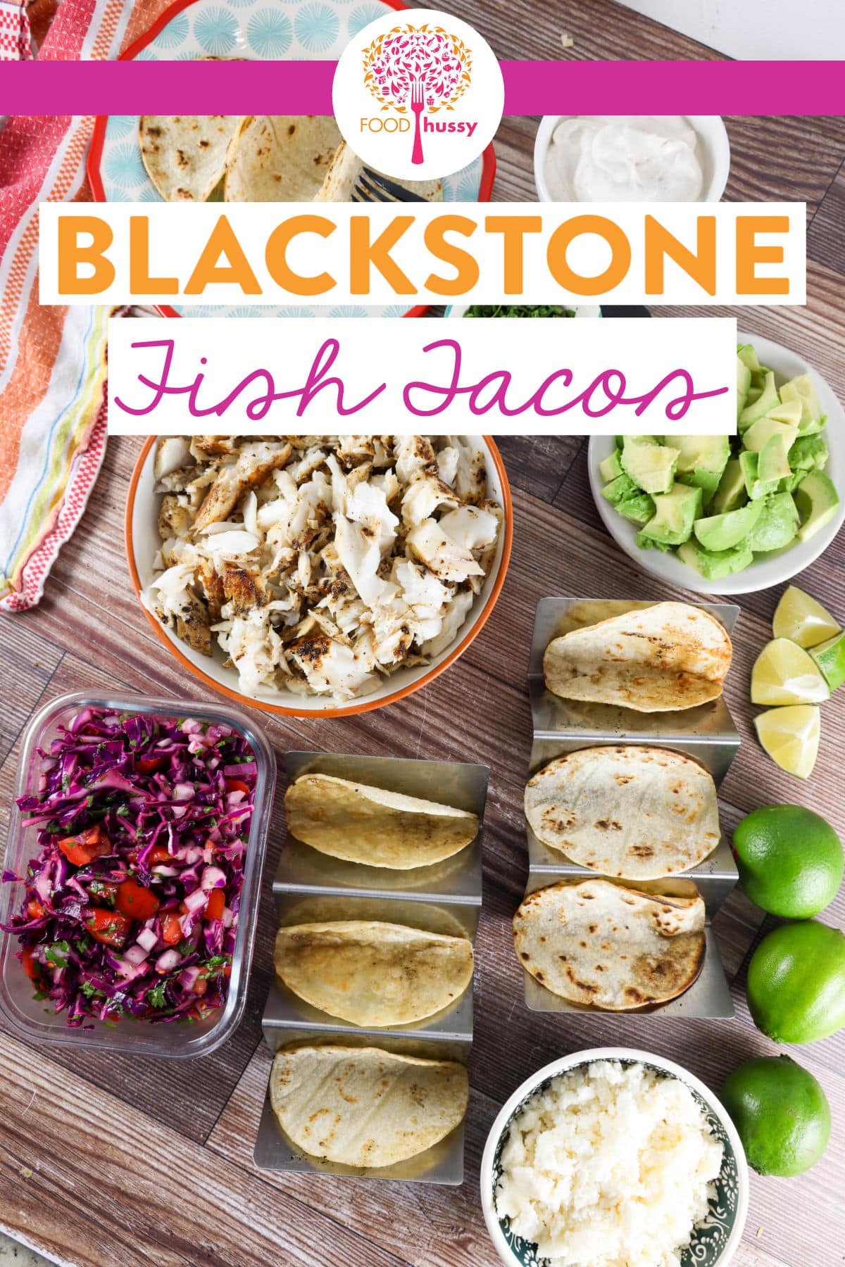 Blackstone Fish Tacos are your new favorite group dinner! You can easily make the fish and tortillas in less than 10 minutes! Then come inside and add all the toppings! I've got a homemade cabbage slaw and a creamy sauce for you - if you're feeling fancy!  via @foodhussy