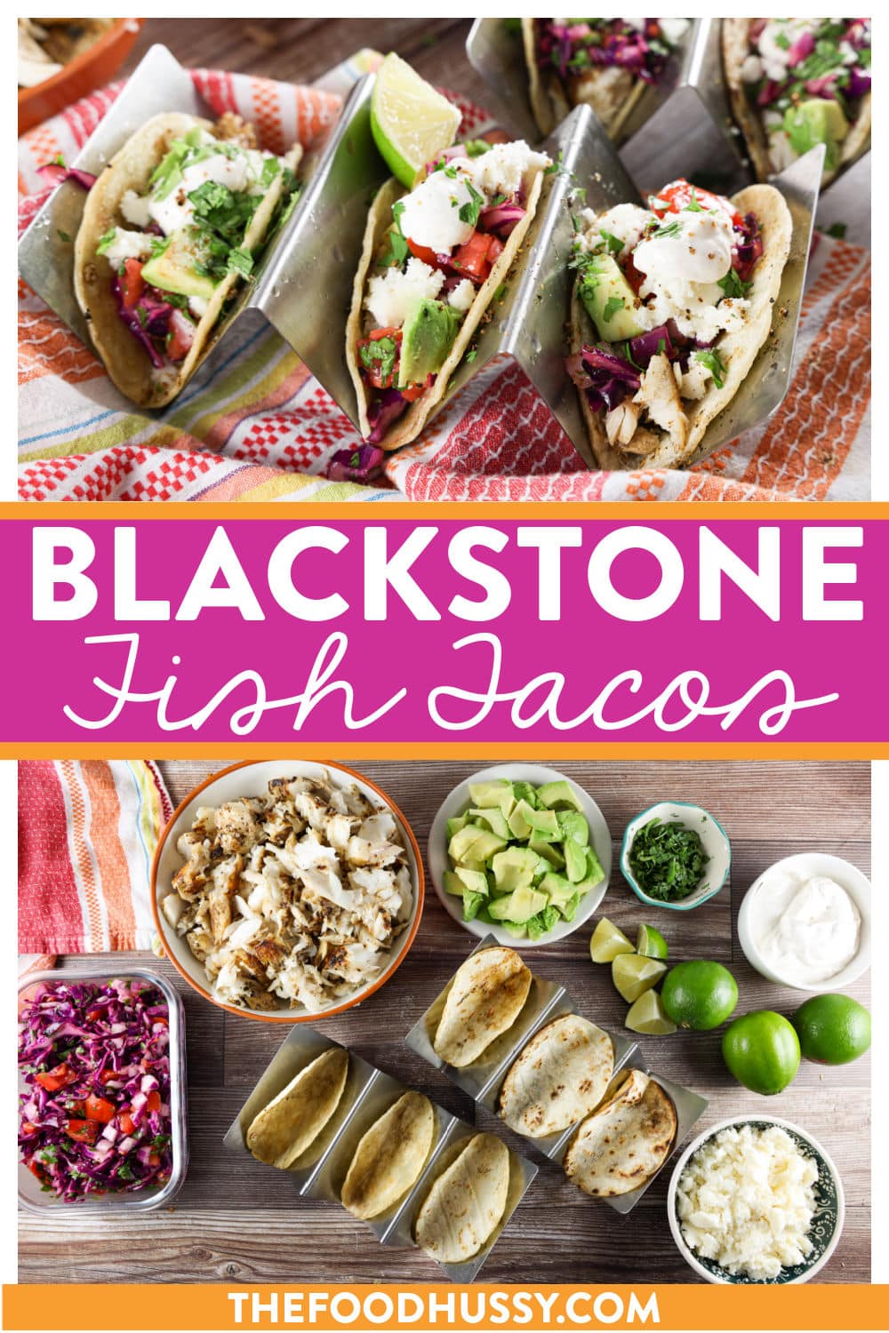 Blackstone Fish Tacos are your new favorite group dinner! You can easily make the fish and tortillas in less than 10 minutes! Then come inside and add all the toppings! I've got a homemade cabbage slaw and a creamy sauce for you - if you're feeling fancy!  via @foodhussy