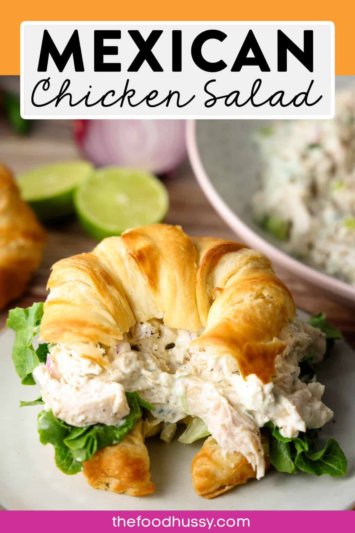 This Mexican Chicken Salad has everything you love about chicken salad with a spicy kick! Creamy mayo, chunks of juicy chicken breast combined with jalapeno, red onion, lime juice and Tajin chili lime seasoning! Perfect on a croissant any day! via @foodhussy