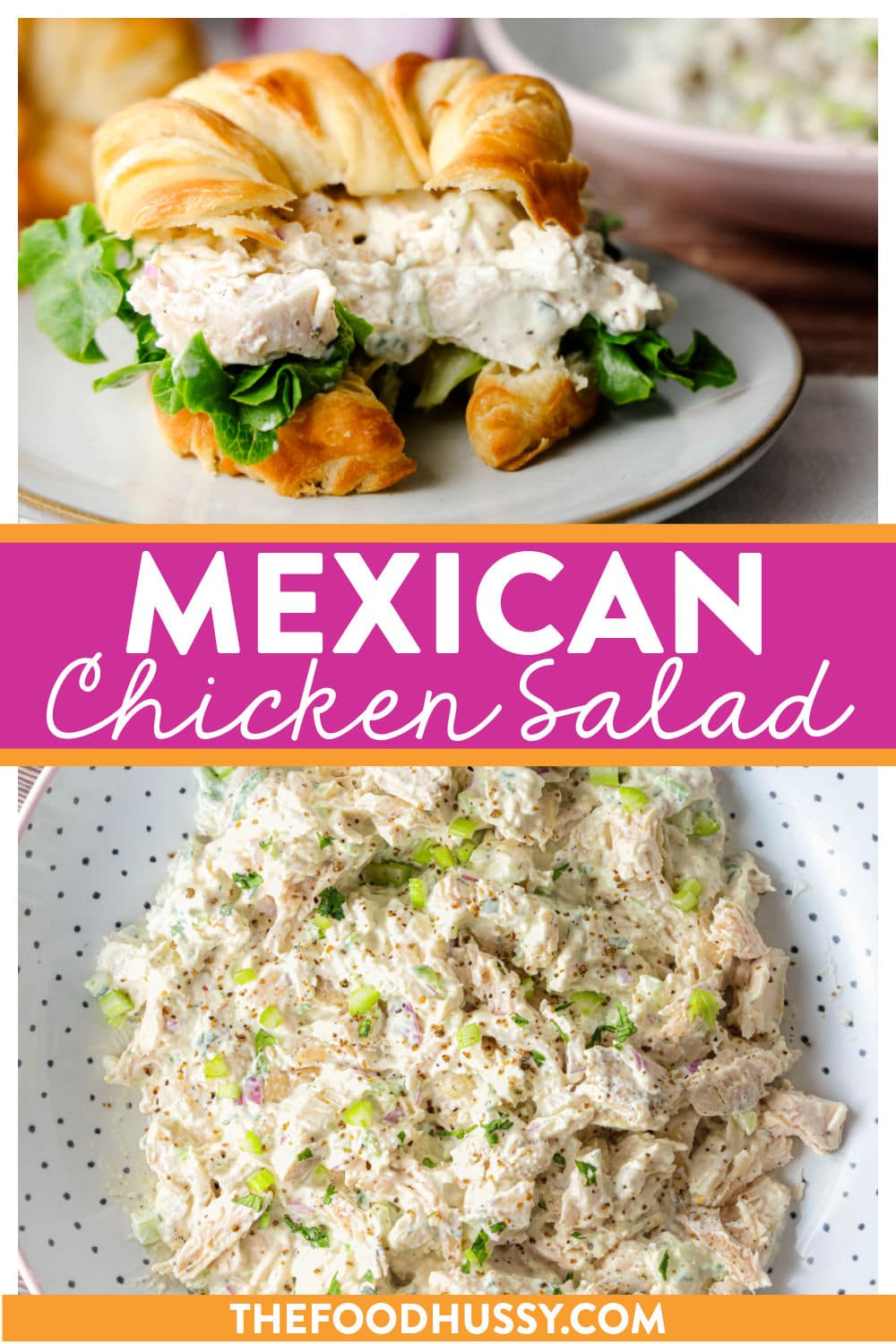 This Mexican Chicken Salad has everything you love about chicken salad with a spicy kick! Creamy mayo, chunks of juicy chicken breast combined with jalapeno, red onion, lime juice and Tajin chili lime seasoning! Perfect on a croissant any day! via @foodhussy