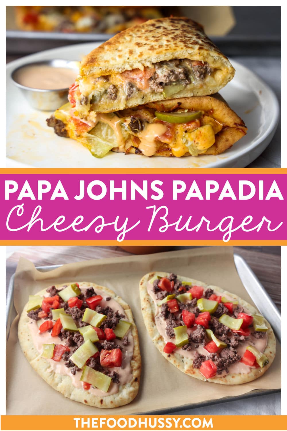 Papa Johns Papadia is one of their most popular dishes with new flavors coming out all the time! This Papadia recipe is for their current Cheesy Burger Papadia - loaded with seasoned ground beef, tomatoes, pickles, melty cheese and burger sauce! via @foodhussy