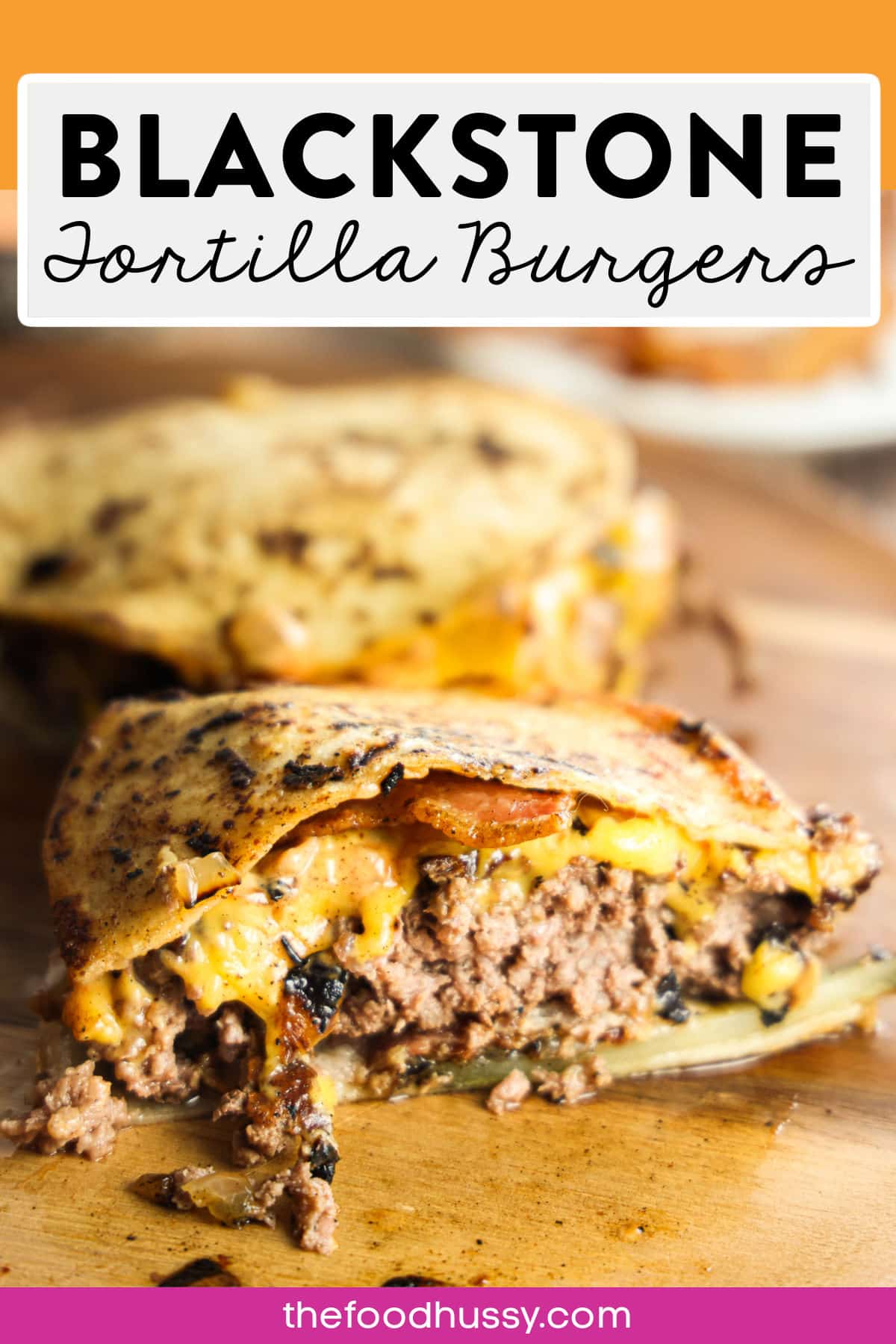 This Blackstone Tortilla Burger is the thick, juicy, messy, melty cheese burger you love but served up on a tortilla instead of a bun and made on your Blackstone griddle! Loaded up with a super simple burger sauce, cheese, bacon, pickles & onions - you will definitely need extra napkins! via @foodhussy