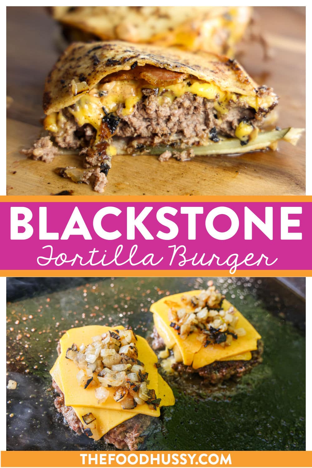 This Blackstone Tortilla Burger is the thick, juicy, messy, melty cheese burger you love but served up on a tortilla instead of a bun and made on your Blackstone griddle! Loaded up with a super simple burger sauce, cheese, bacon, pickles & onions - you will definitely need extra napkins! via @foodhussy