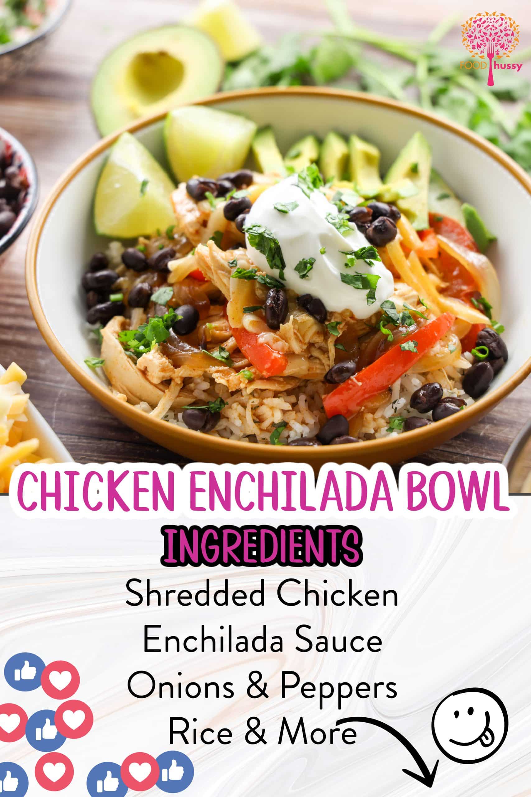 This Chicken Enchilada Bowl features enchilada sauced shredded chicken over a fluffy bed of cilantro lime rice topped with bell peppers, onions and black beans. Topped with melted cheese, avocado, sour cream, fresh cilantro and a hint of lime. It’s a hearty, delicious meal. via @foodhussy
