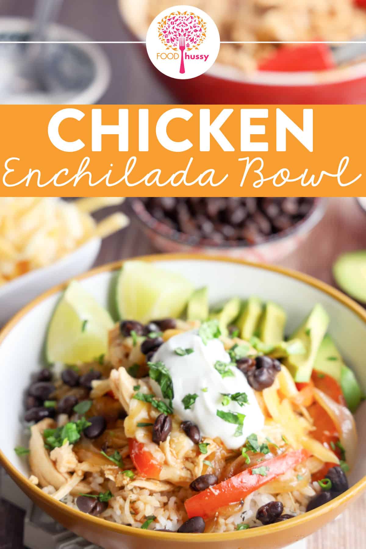 This Chicken Enchilada Bowl features enchilada sauced shredded chicken over a fluffy bed of cilantro lime rice topped with bell peppers, onions and black beans. Topped with melted cheese, avocado, sour cream, fresh cilantro and a hint of lime. It’s a hearty, delicious meal. via @foodhussy