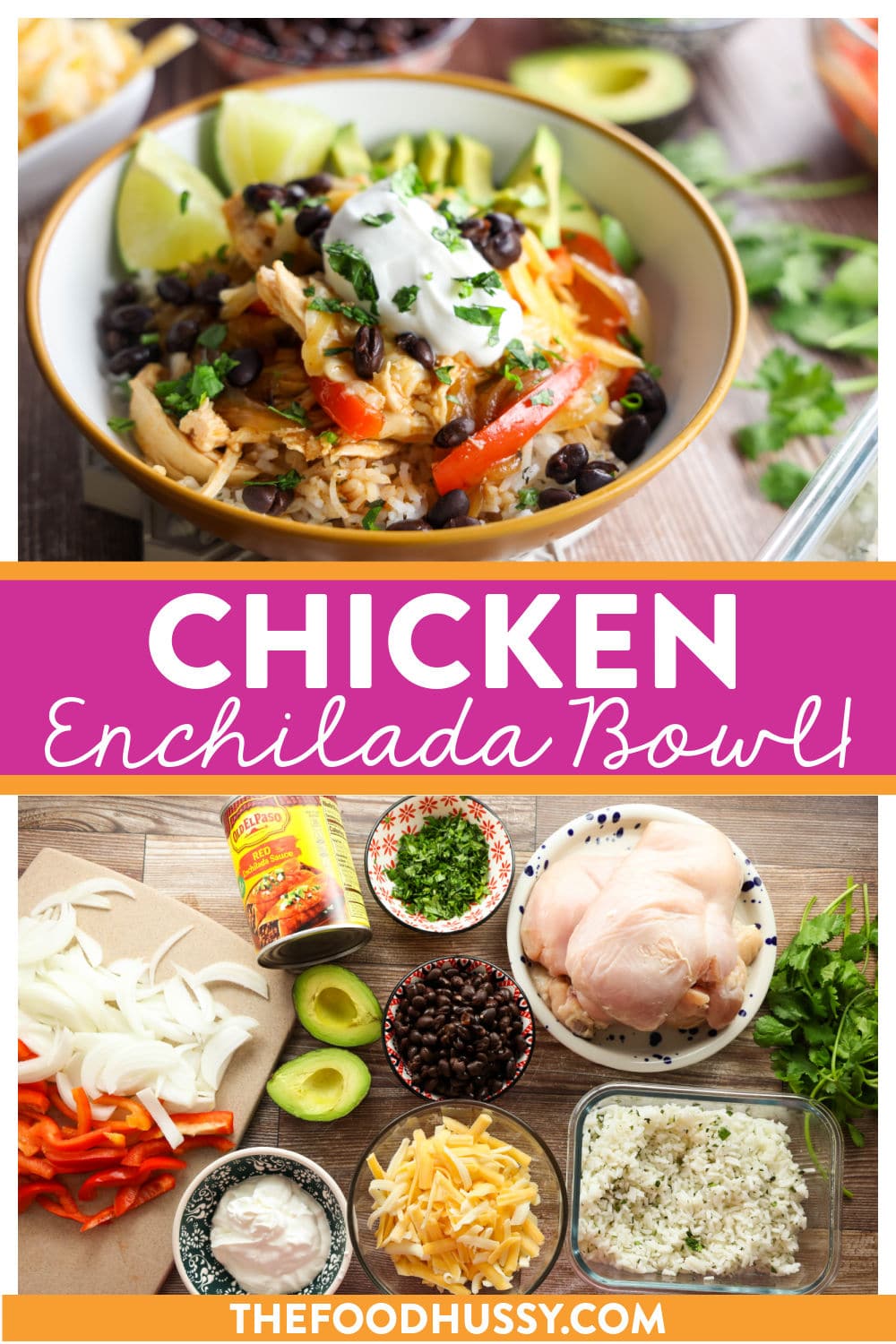 This Chicken Enchilada Bowl features enchilada sauced shredded chicken over a fluffy bed of cilantro lime rice topped with bell peppers, onions and black beans. Topped with melted cheese, avocado, sour cream, fresh cilantro and a hint of lime. It’s a hearty, delicious meal. via @foodhussy