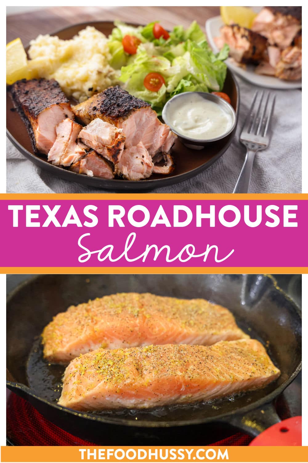 Indulge in the ultimate Texas Roadhouse salmon that's perfectly juicy! Recreate this delightful salmon dish at home using a cast iron skillet, and top it with a mouthwatering lemon pepper seasoning and a garlic butter sauce for an irresistible burst of flavor. via @foodhussy
