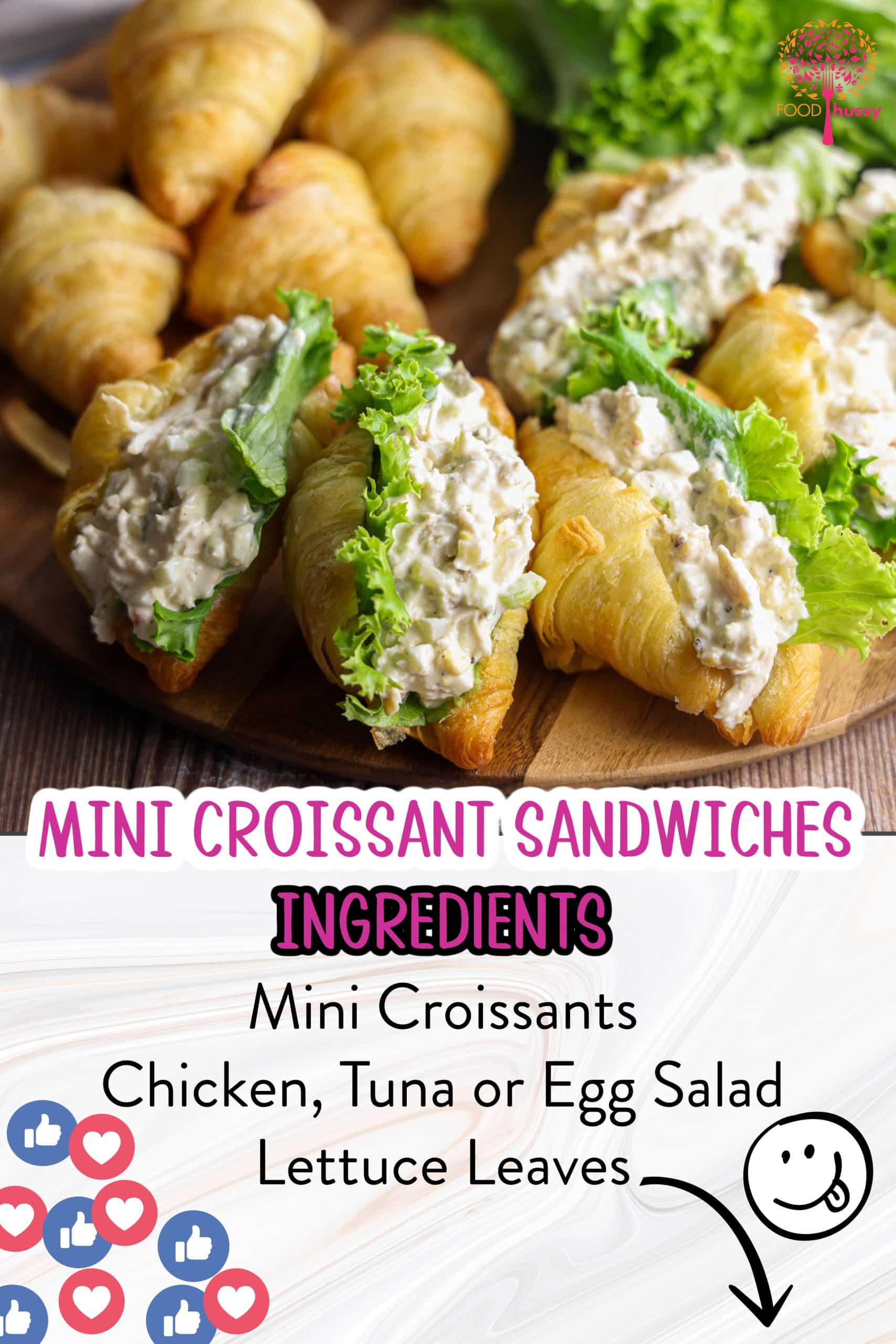 Mini Croissant Sandwiches are a quick and easy sandwich when you're making kids lunches, brunch parties or even game day snacks! This recipe uses a delicious chicken salad to make a dozen mini sandwiches!  via @foodhussy