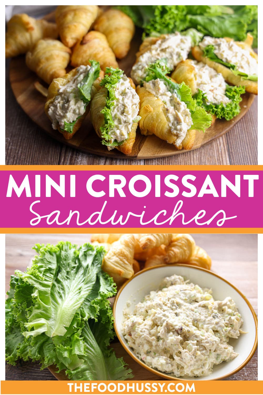 Mini Croissant Sandwiches are a quick and easy sandwich when you're making kids lunches, brunch parties or even game day snacks! This recipe uses a delicious chicken salad to make a dozen mini sandwiches!  via @foodhussy