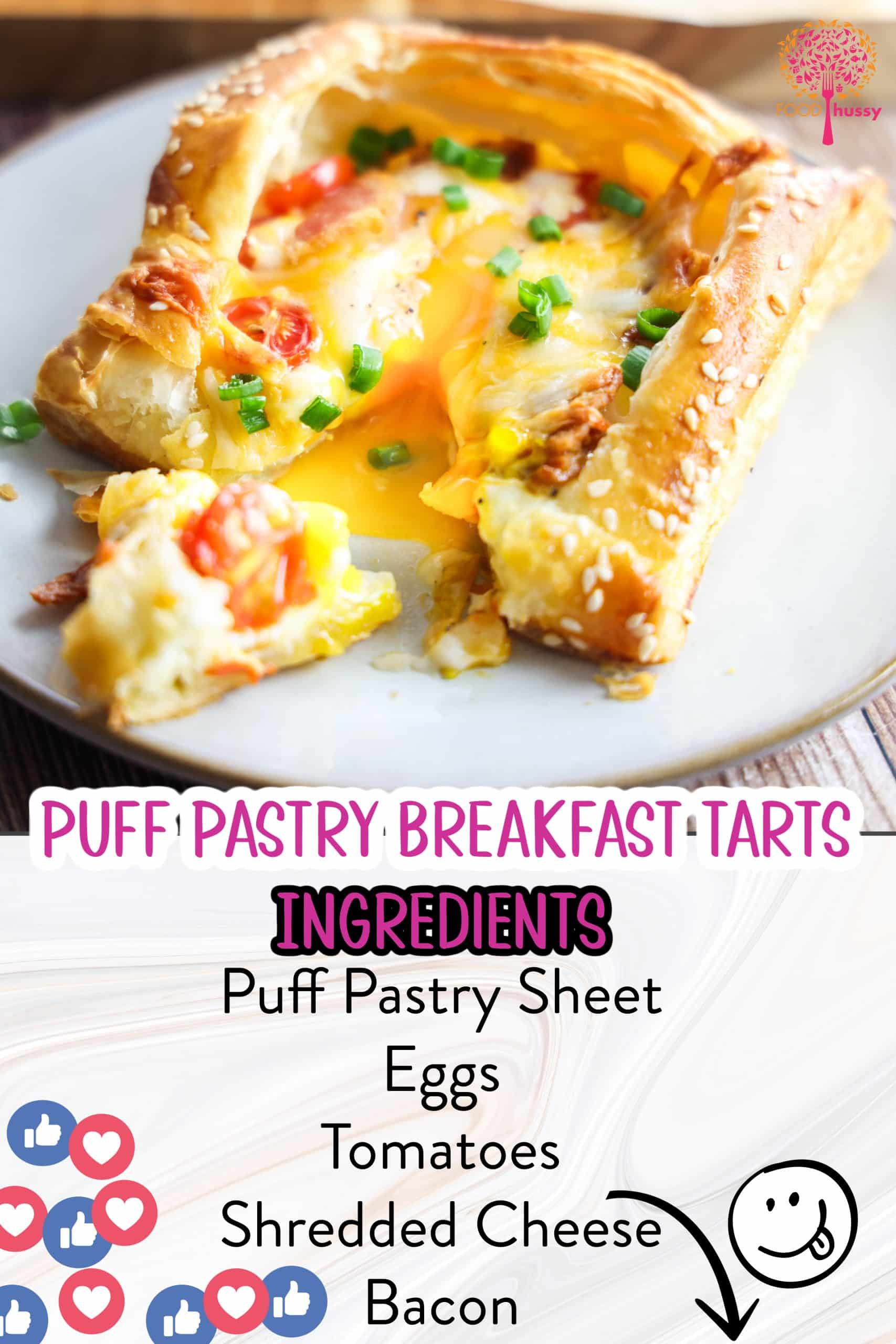 Light flaky puff pastry breakfast tarts will impress any brunch party! They're flaky & crispy then topped with egg, bacon, tomatoes and cheese! This tastes like a perfect breakfast in one slice!  via @foodhussy