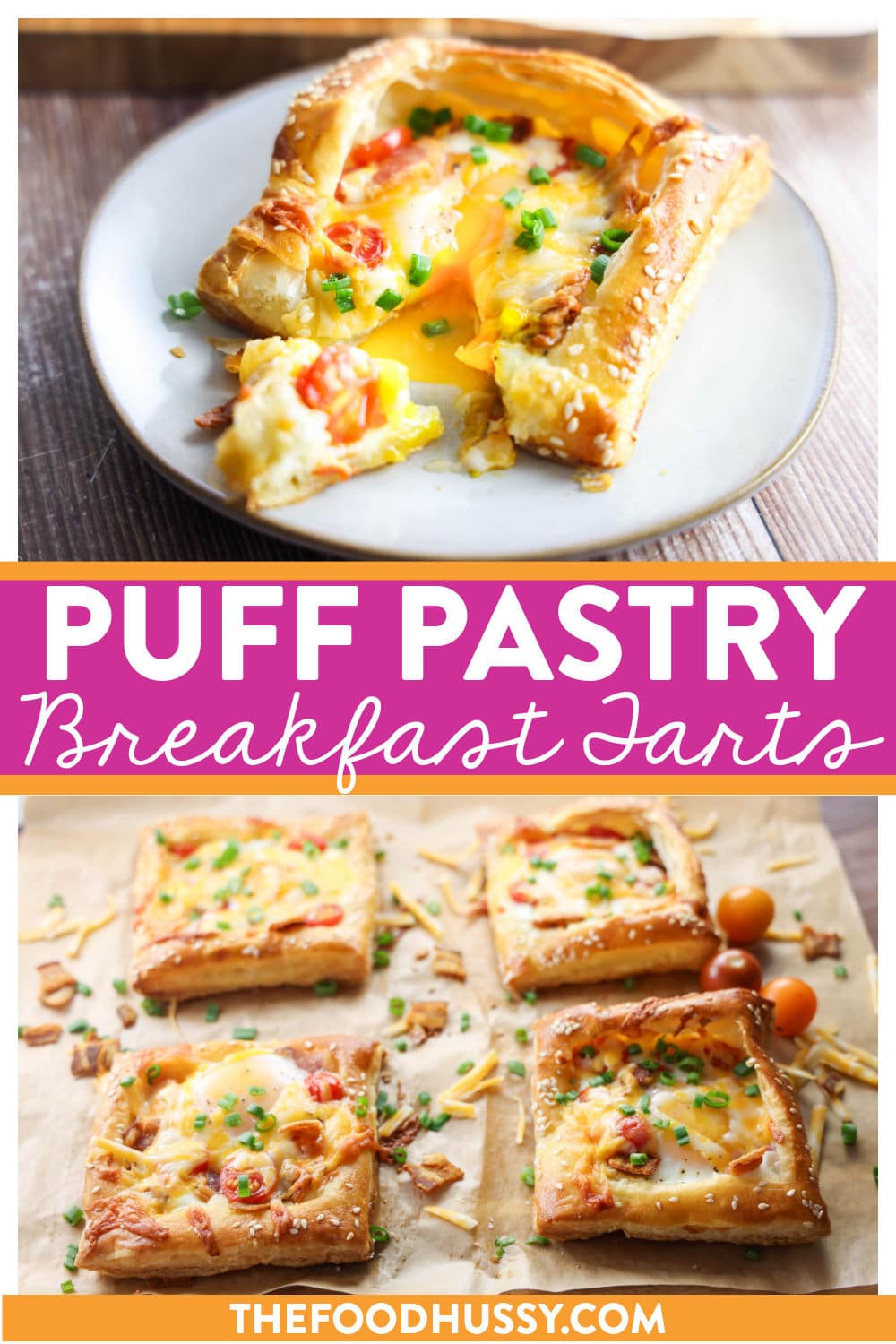Light flaky puff pastry breakfast tarts will impress any brunch party! They're flaky & crispy then topped with egg, bacon, tomatoes and cheese! This tastes like a perfect breakfast in one slice!  via @foodhussy