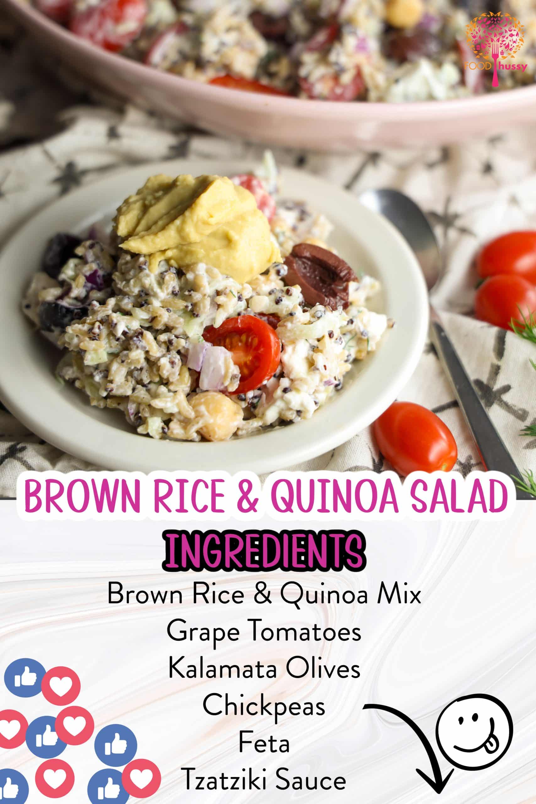 This vibrant Mediterranean brown rice and quinoa salad combines nutty grains with vegetables like tomatoes, chick peas & Kalamata olives, all tossed in a lemon dill tzatziki dressing. Topped with crumbled feta and hummus, it's a nutritious and refreshing side dish or vegetarian entree. via @foodhussy