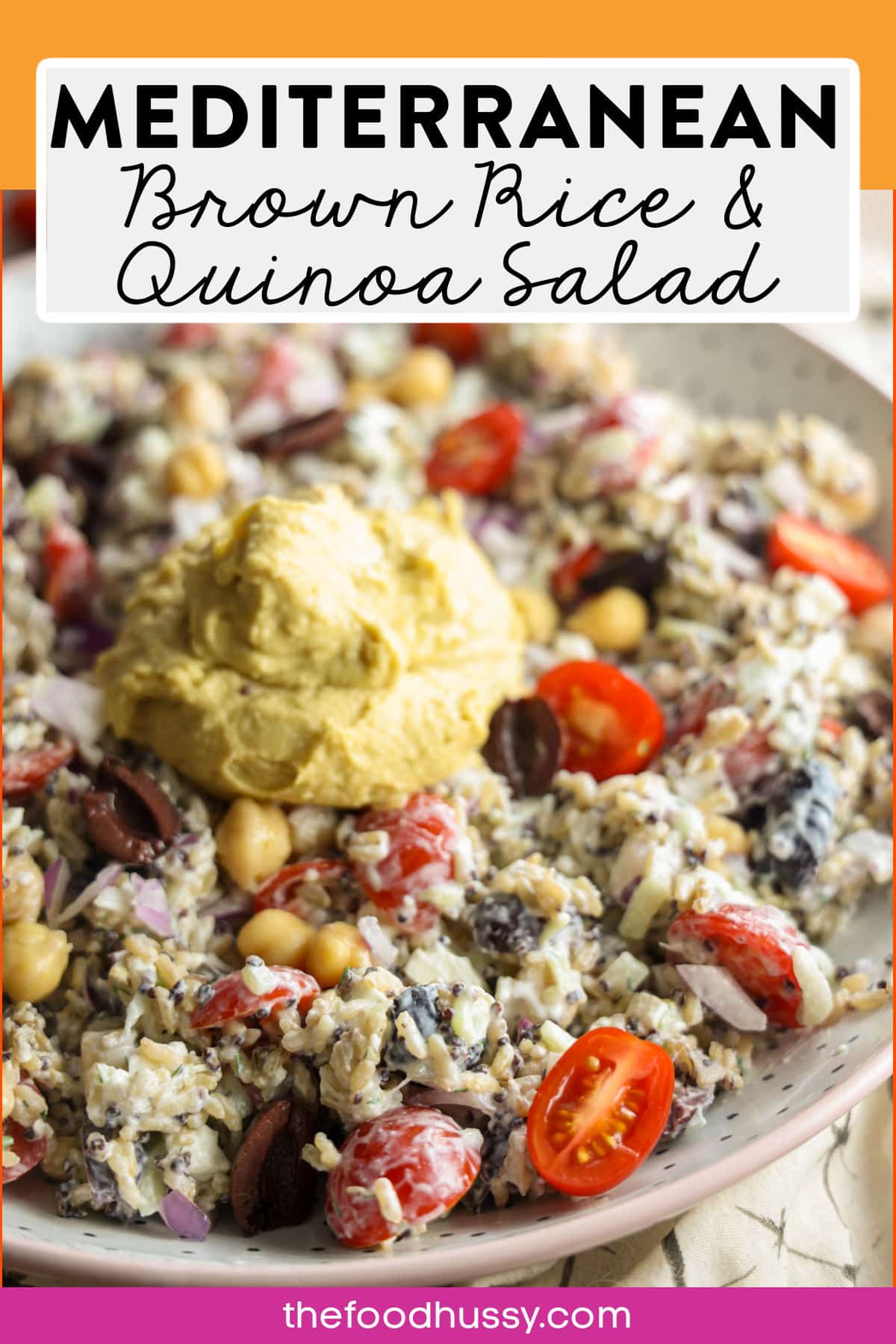 This vibrant Mediterranean brown rice and quinoa salad combines nutty grains with vegetables like tomatoes, chick peas & Kalamata olives, all tossed in a lemon dill tzatziki dressing. Topped with crumbled feta and hummus, it's a nutritious and refreshing side dish or vegetarian entree. via @foodhussy