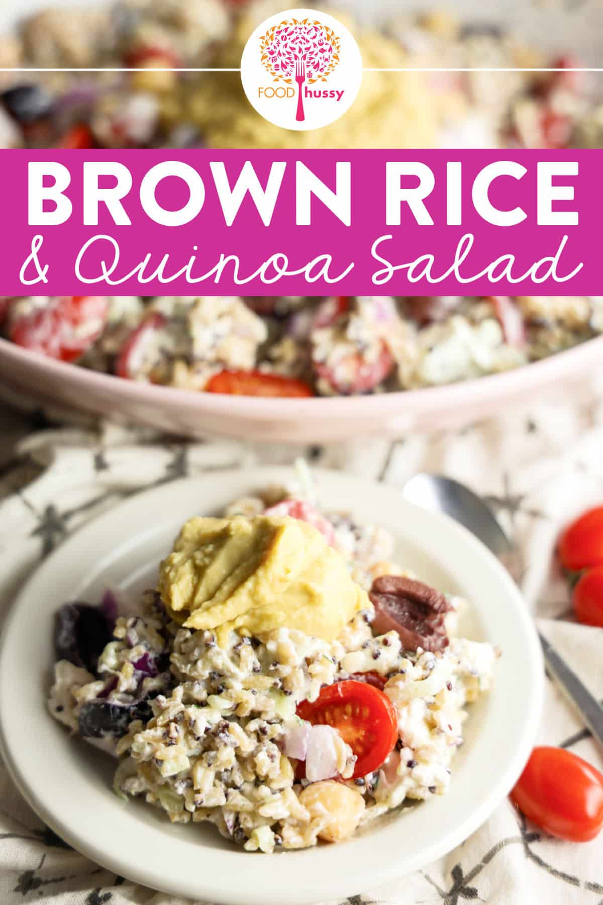 This vibrant Mediterranean brown rice and quinoa salad combines nutty grains with vegetables like tomatoes, chick peas & Kalamata olives, all tossed in a lemon dill tzatziki dressing. Topped with crumbled feta and hummus, it's a nutritious and refreshing side dish or vegetarian entree. via @foodhussy