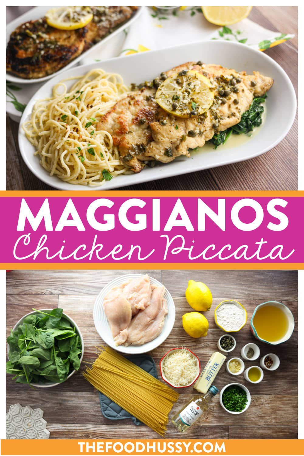 Maggiano's Chicken Piccata features tender chicken breasts sautéed to perfection, topped with a zesty lemon butter sauce. It's served over a side of pasta, offering a delicious balance of tangy and savory flavors. via @foodhussy